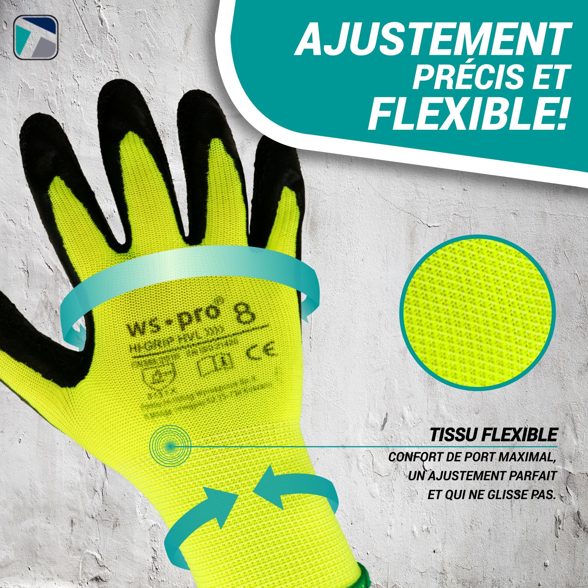 Trevendo 60 paires de gants de travail - gants de montage jaune fluo avec revêtement latex (Taille 8)