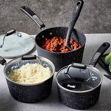 Scoville NEVERSTICK 3pcs Saucepan Set with Lids, Non Stick Saucepan Set, 16/18/20cm Saucepans, Suitable for All Hobs Including Induction, PFOA Free, Cool-Touch Handles, Aluminium, Black