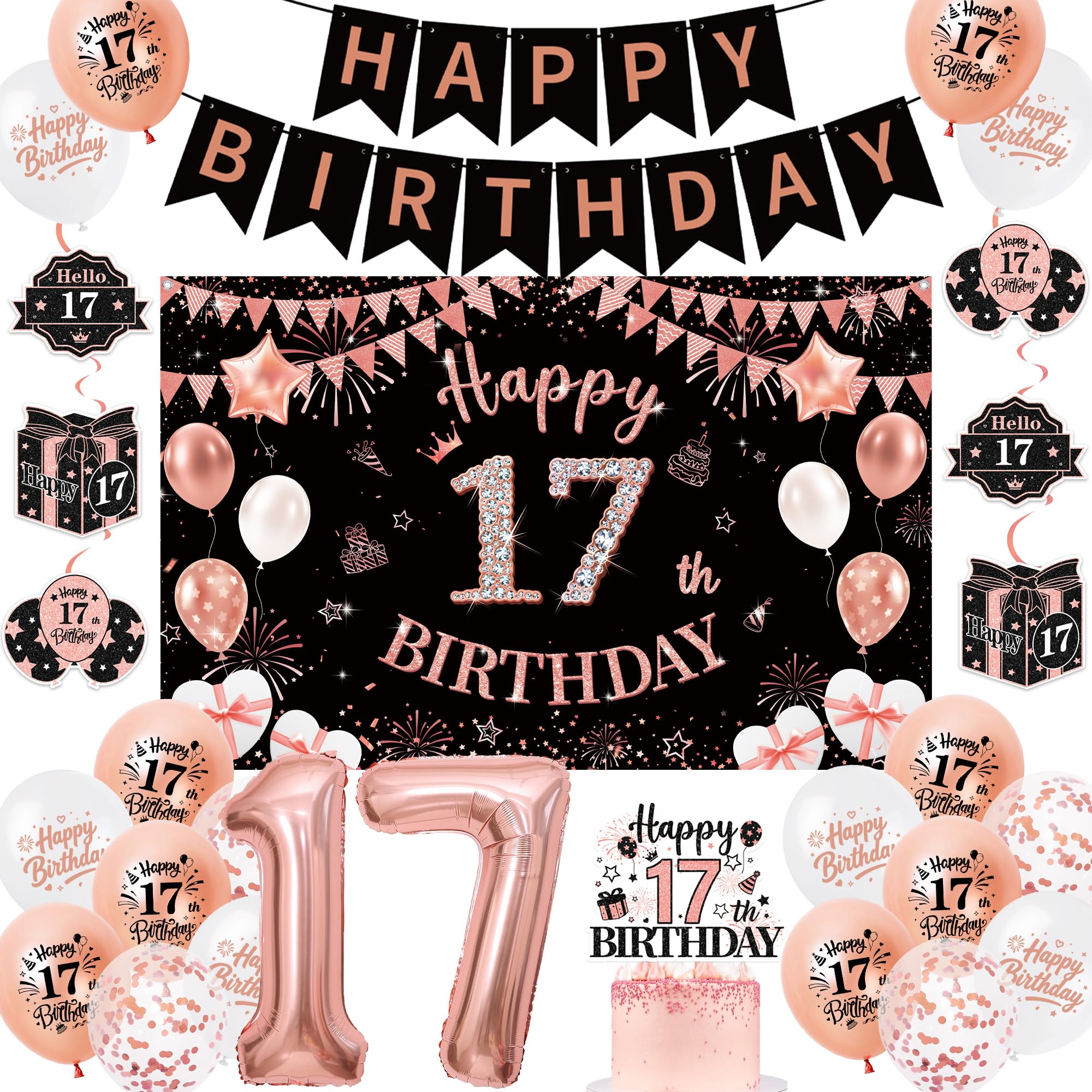 17th Birthday Decorations for Girls, Happy Birthday Banner Latex Balloons
