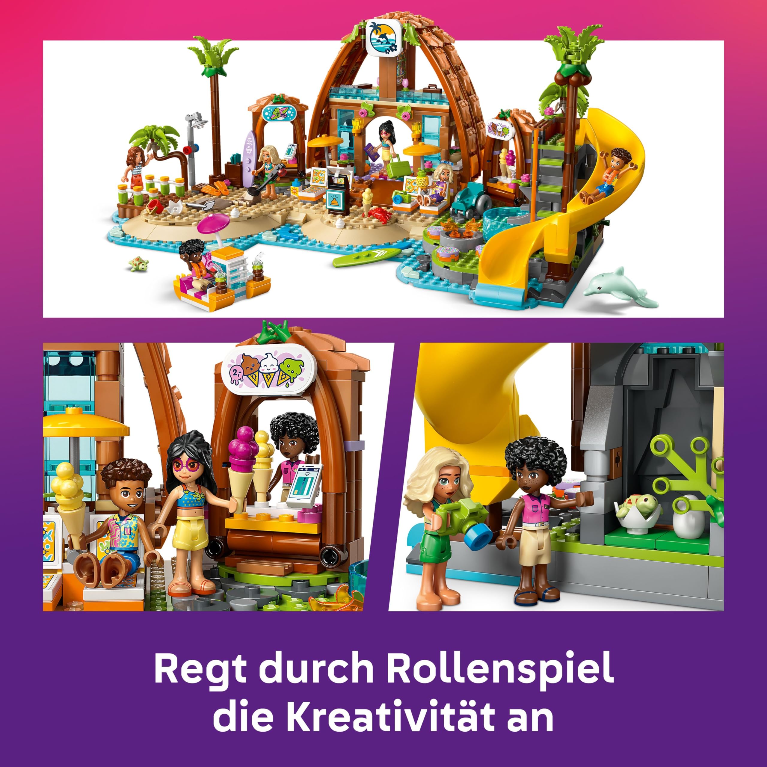 LEGO Friends Familienurlaub im Strandresort - Spielzeug mit 6 Mini-Puppen, Schildkröten- und Delfinfiguren, Eisdiele und Zubehör - Kinder Geschenk für Mädchen ab 8 Jahren - 42673