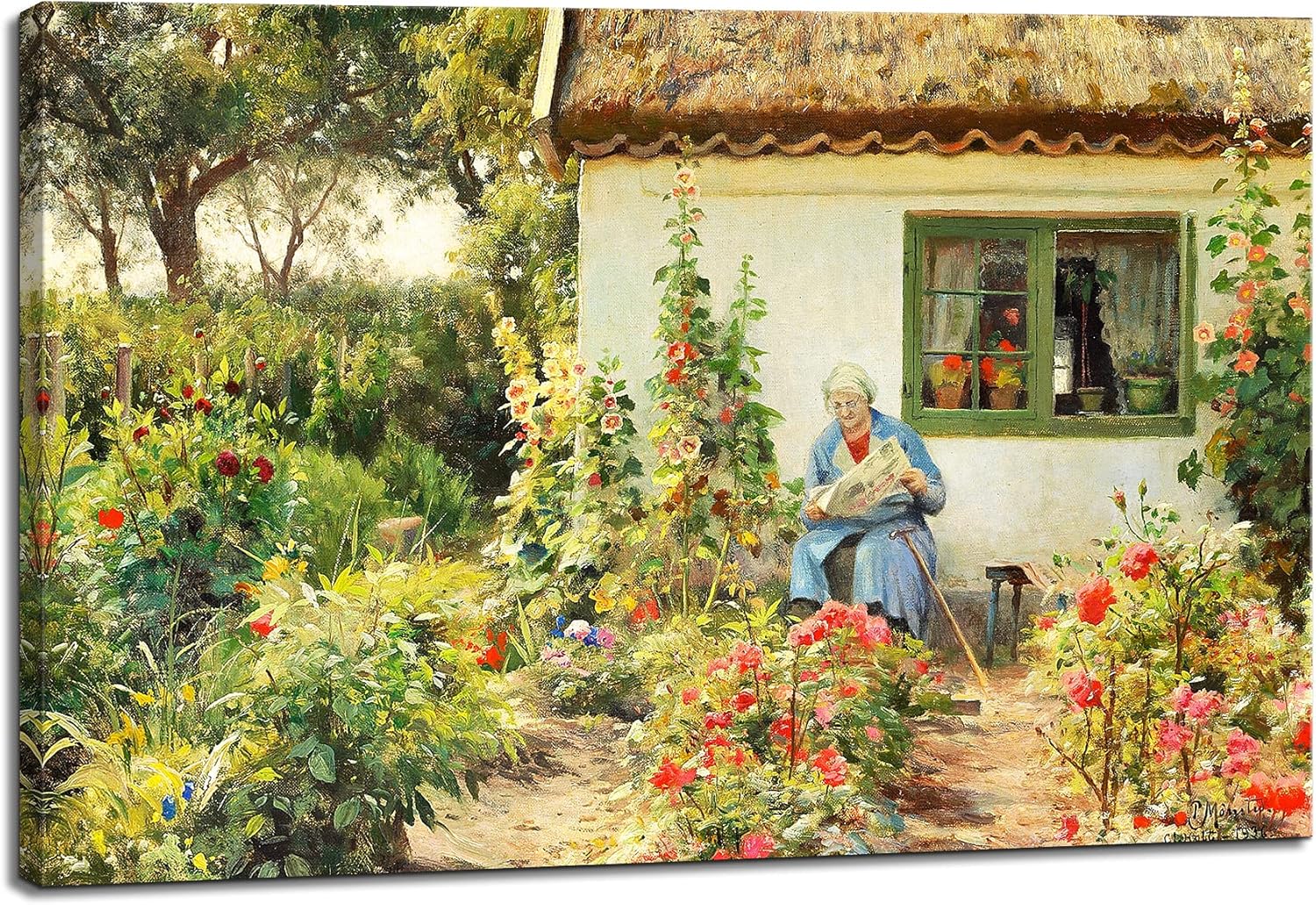 Canvas Print Wall Art - A Girl in a Pink Dress on The Step of a Farmhouse, 1930 by Danish Painter Peder Mørk Mønsted - 18x12 inches