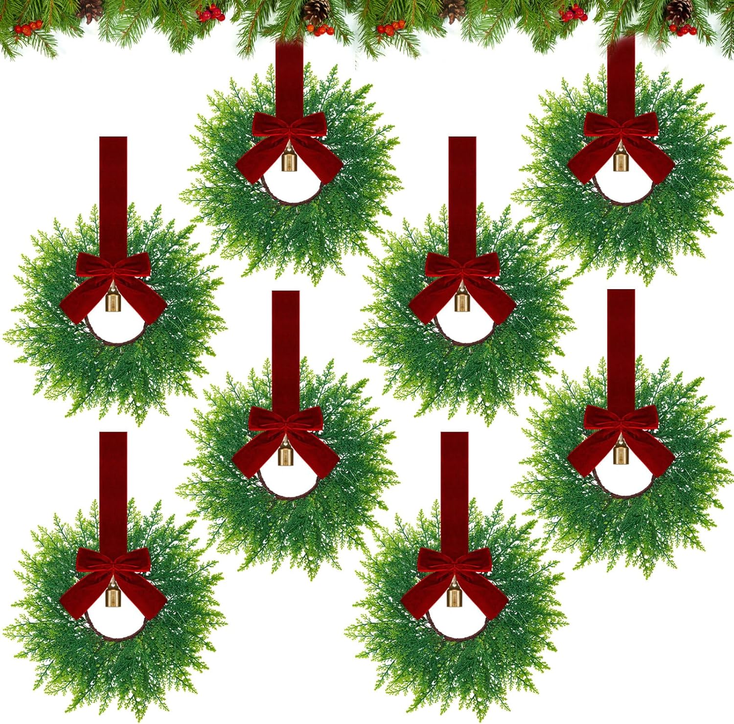 Dingion 8 Pcs 9.8" Small Christmas Cabinets Wreaths Mini Wreaths for Kitchen Window Chair Backs with Ribbon Bell Artificial Greenery for Farmhouse Holiday Decoration(Velvet,Classic,Deep Red)