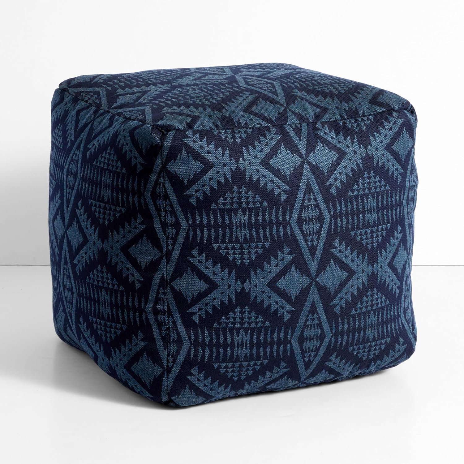 Sorra Home Sunbrella Pendleton Outdoor Bean Pouf 17 in W x 17 in D x 17 in H x 17 in Square Knife Edge Bean Pouf, Diamond River Midnight