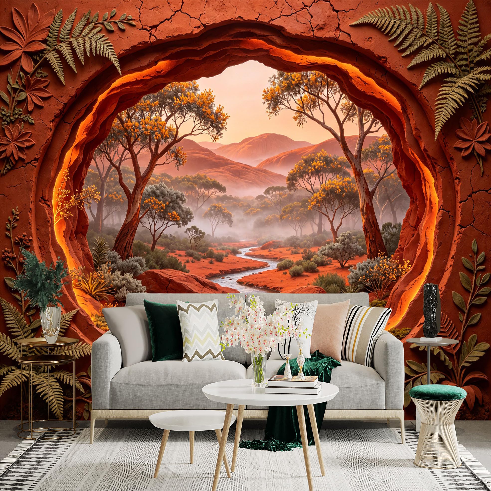 Custom Size Wall Sticker Mural， Desert Landscape with Red Rocks River Trees and Sunset， for wall Decoration， peelandstick wall Decals.