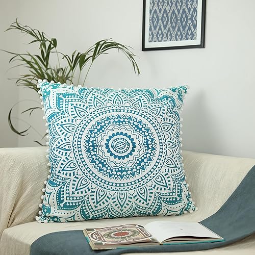 Funda de cojín de piso de algodón. 26 pulgadas, con encaje de borlas decorativo y diseño de mandala.