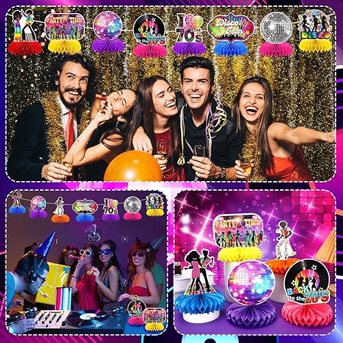 Miniatura 7 de 10 piezas de decoraciones de fiesta de discoteca de los años 70, centros de mesa de nido de abeja de los años 70 para temática retro, suministros de