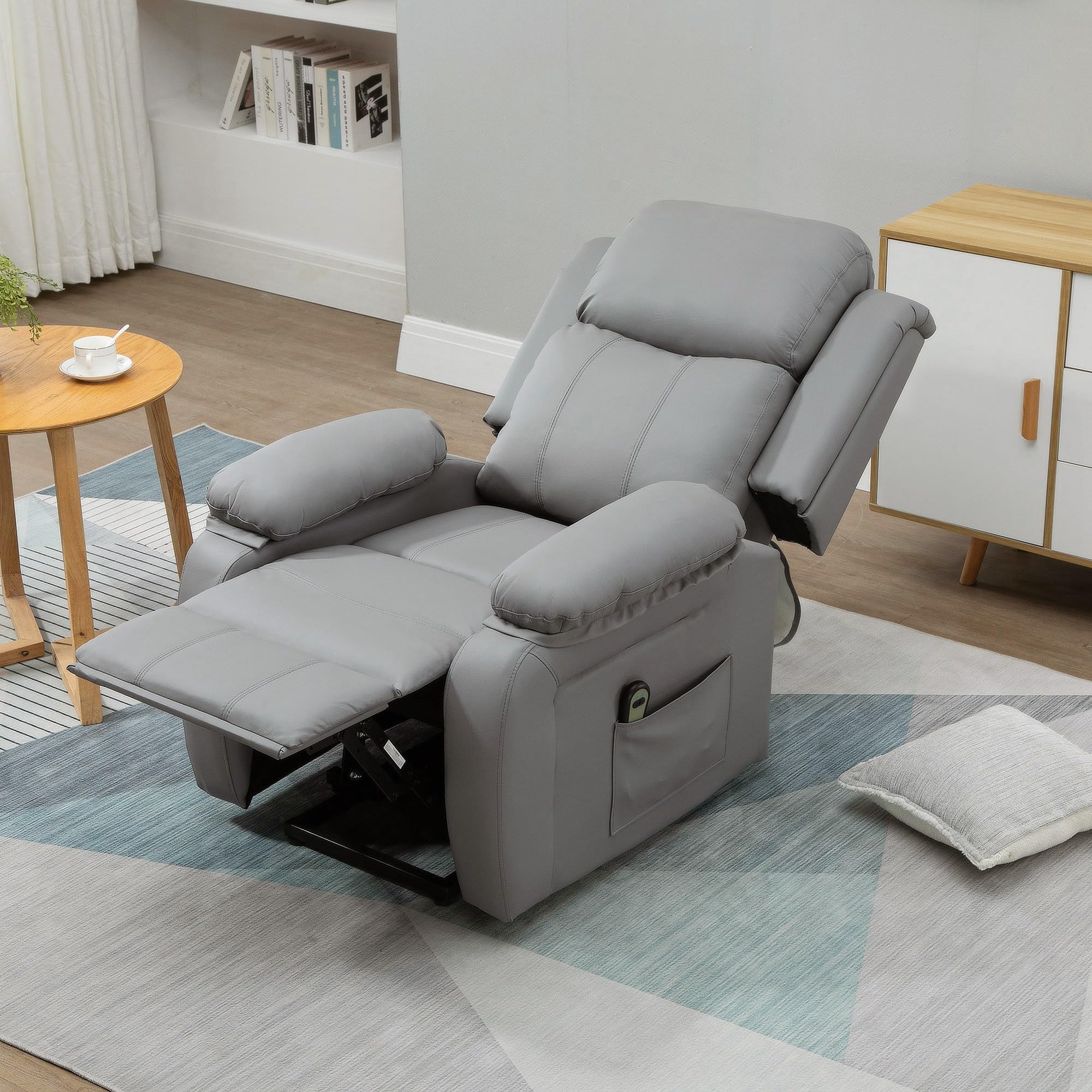 HOMCOM Poltrona Elettrica Alzapersona Reclinabile 160°, Poltrona Relax Elettrica in Pelle PU con Telecomando, Poggiapiedi e 2 Tasche Laterali per Soggiorno, Grigio