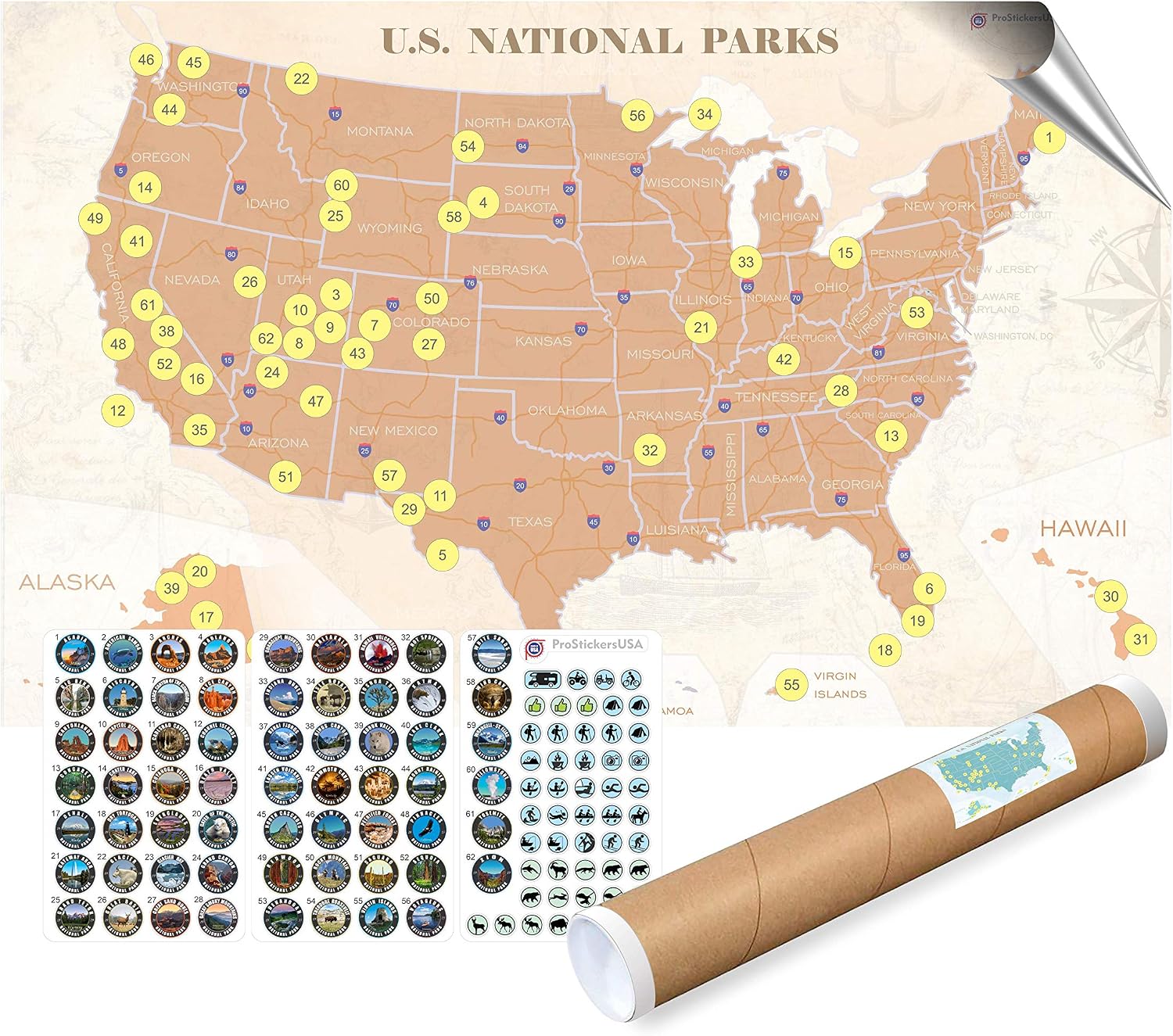 Collection 63 Stickers Set All USA National Parks and Large Size | Beige | Map of U.S. National Parks.17 x 27 inch with Gift Tube Box. Commemorate You Favorite spot and Plan Your Next Trip