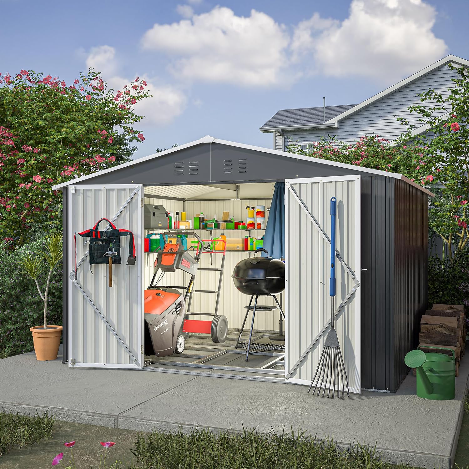 Thanaddo Large Metal Tool Shed 300 x 250 x 191 cm with Foundation Frame Weatherproof Garden Shed with Ventilation Holes and Lockable Door Garden Shed for Outdoor Garden Black