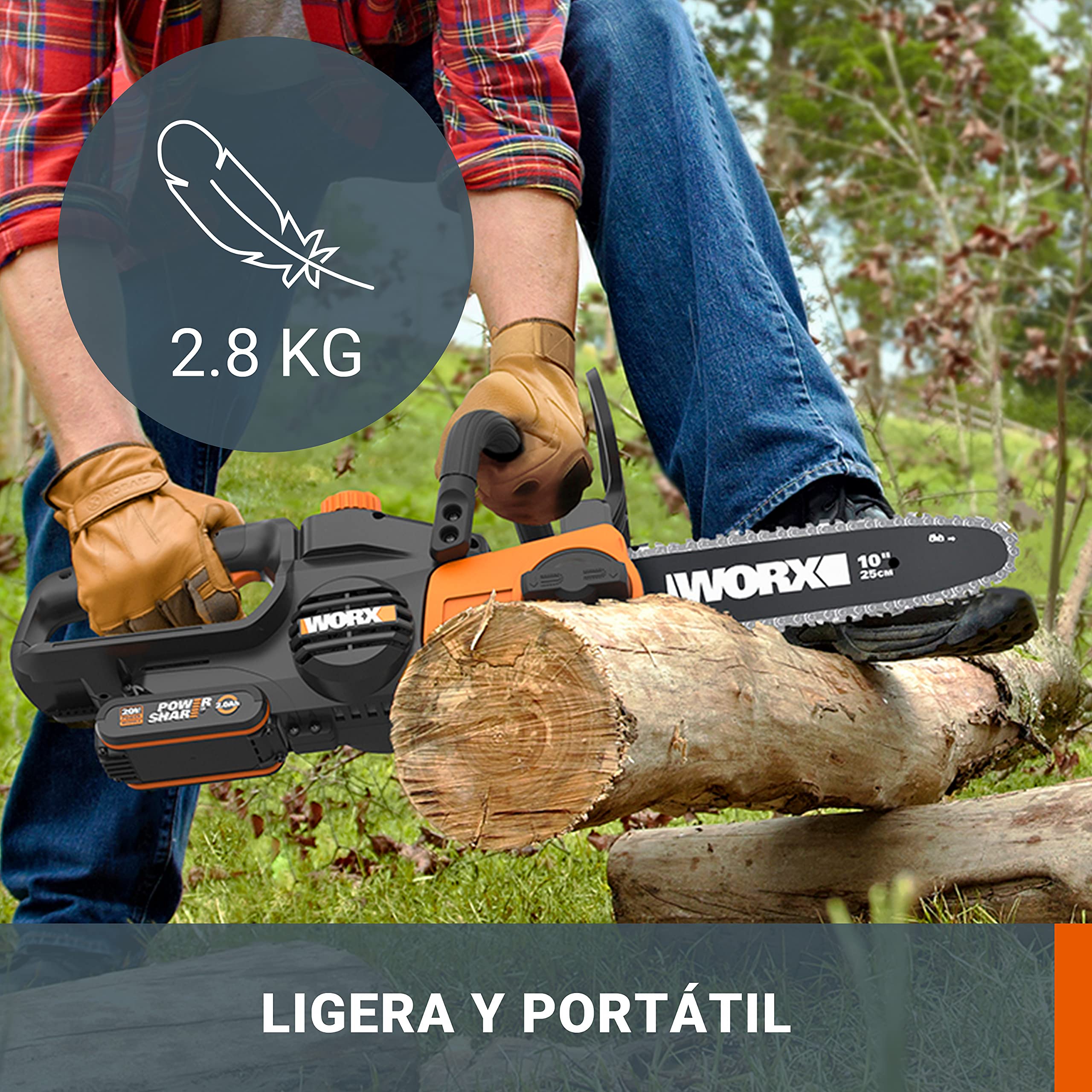 WORX WG322E.9 Motosierra a Batería 20V 25cm Sin Batería ni Cargador, Tensión Automática, Lubricado Automático, Sin Gasolina ni Cable
