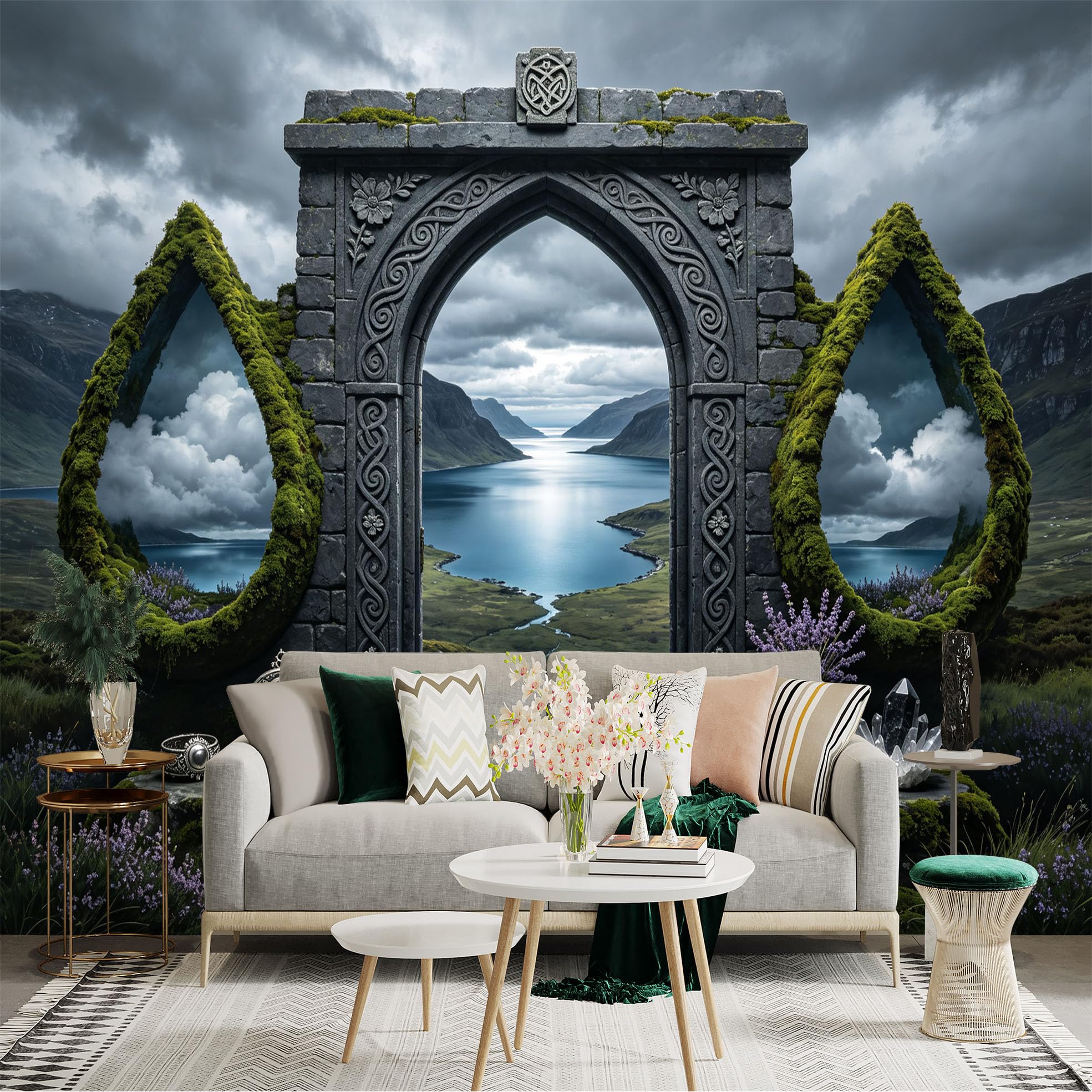 Custom Size Wall Sticker Mural， Celtic Stone Archway， Mystic Lake Valley， Mossy Portal Landscape， for wall Decoration， peelandstick wall Decals.