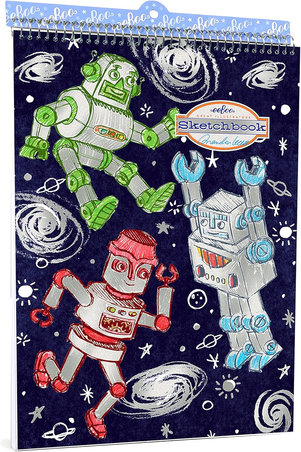 eeBoo: Silver Robots Spiral Bound Blank Sketchbook - 60 Pages, 140 GSM/95 LB Paper, 8.5x11, Eco-Friendly, Kids Art Supplies