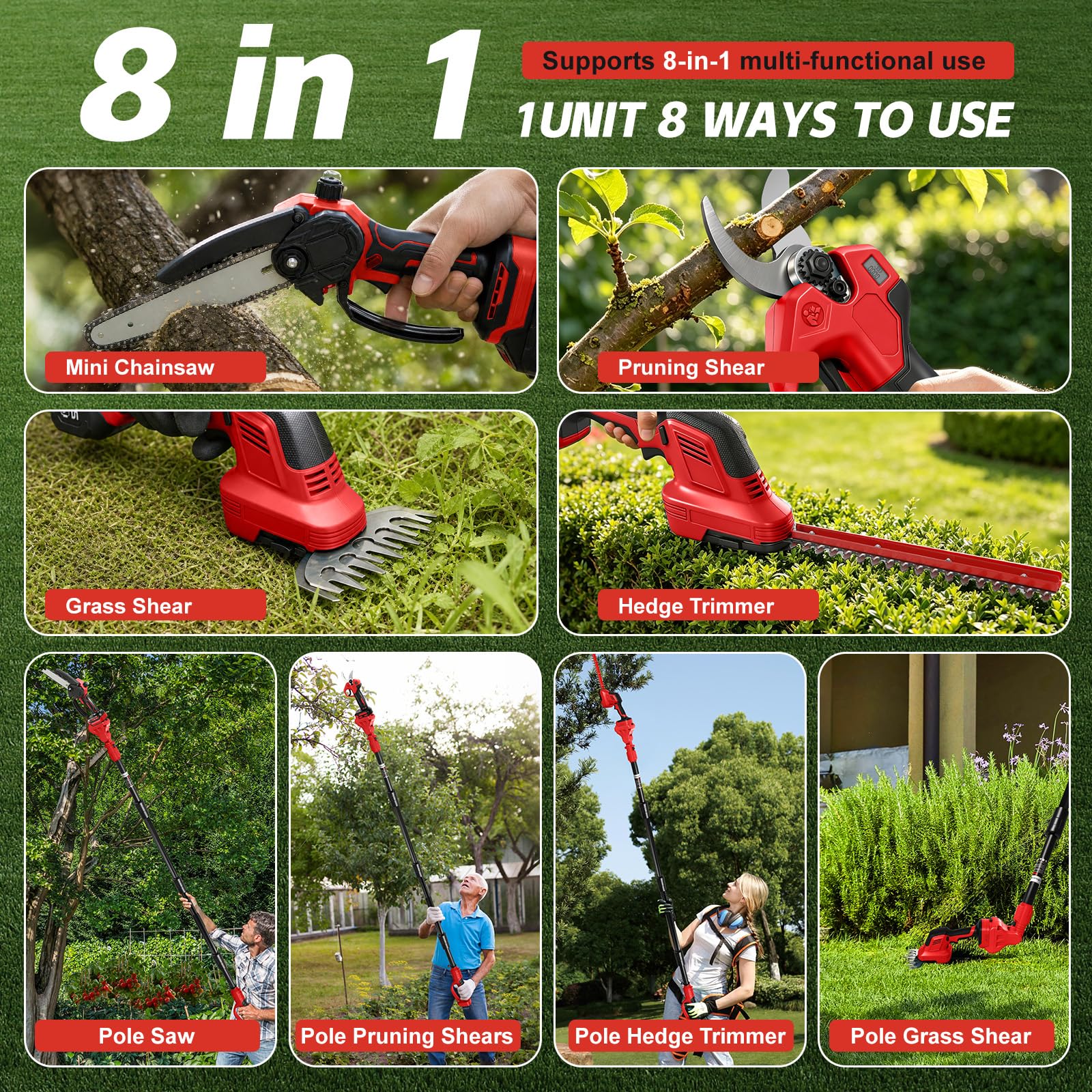 Tijeras Cortasetos Telescopica, 8 Pulgadas Mini Motosierra & 28 mm Tijeras de Podar Eléctricas para Milwaukee M18 18V batería, 6 en 1 Kit de Herramientas de Jardín, Alcance Máximo Hasta 4,5 m