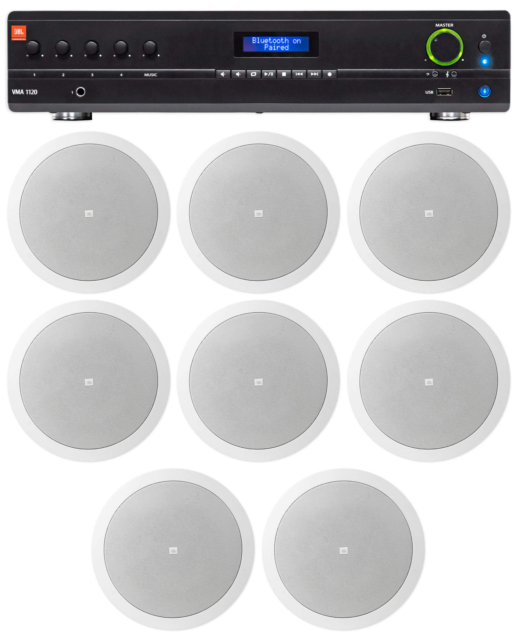 JBL VMA1120 Commercial/Restaurant 120W 70v Bluetooth Mixer/Amplifier, 5 Inputs Bundle with (8) JBL Control 16C/T 6.5" 30w 70v Commercial Ceiling Speakers for Restaurant/Bar
