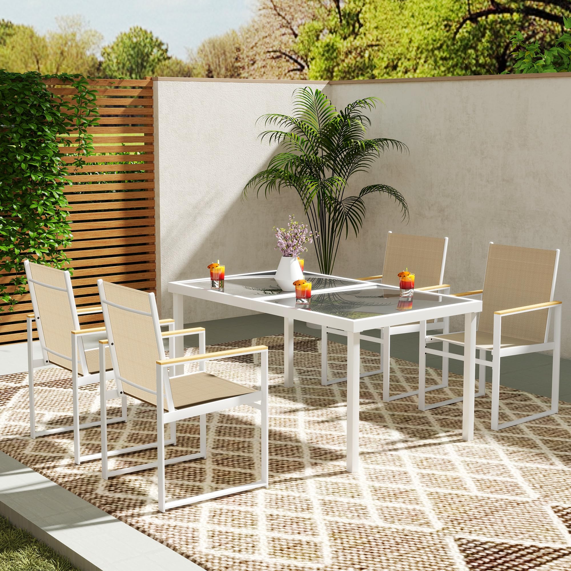 Outsunny Set Tavolo da Giardino con Sedie da 5 Pezzi in Vetro Multicolore | Set da Pranzo, 4 Sedie da Esterno con Braccioli e Schienale Alto, Set di Mobili in Acciaio e Textilene