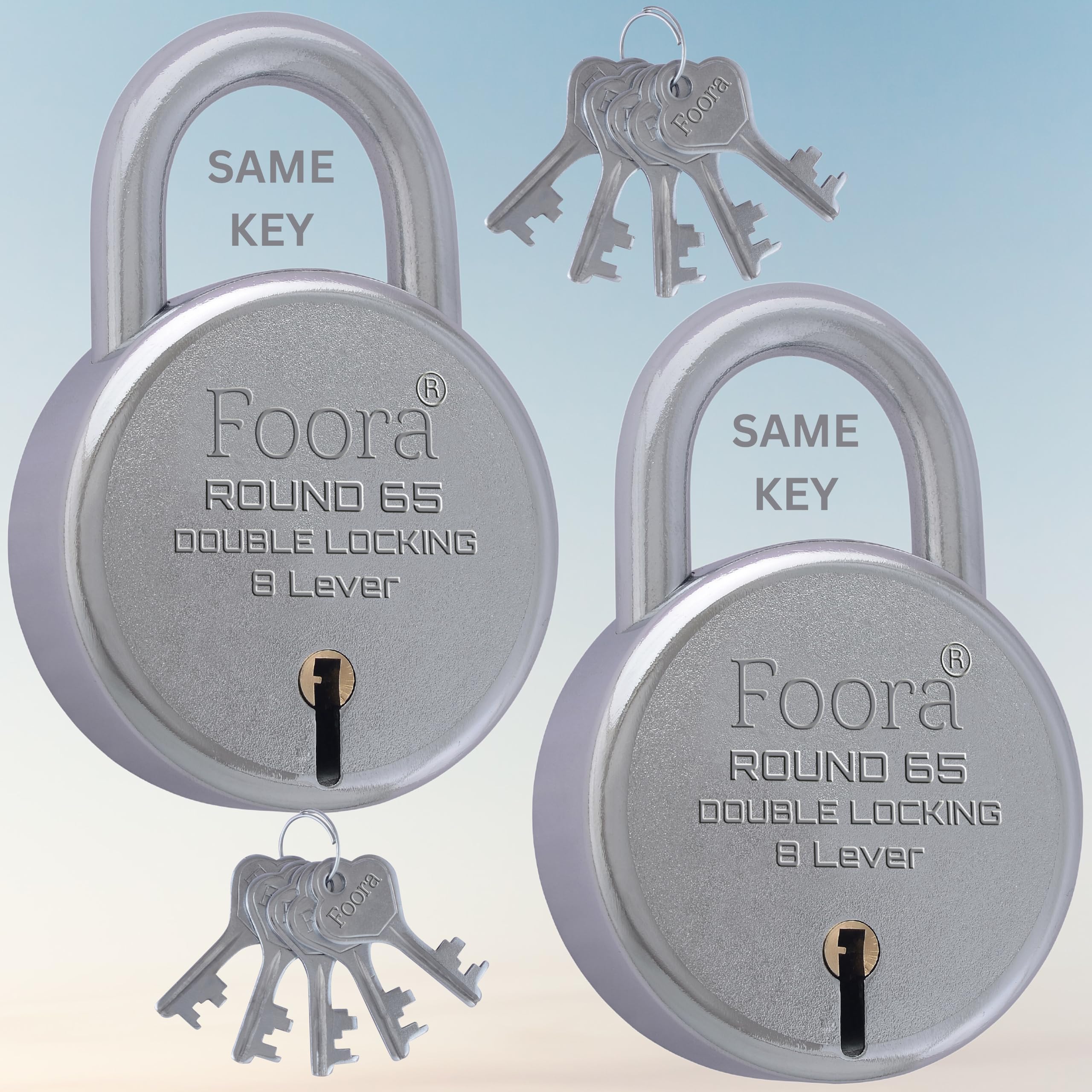 Foora Same Key Lock Set | 2 Heavy Duty Padlocks with 10 Keys | Double Locking 8 Lever Mechanism | Strong Metal Body | Multiple Lock and Key for Home, Door Lock, Gate Lock, and Shutter Security-image-25