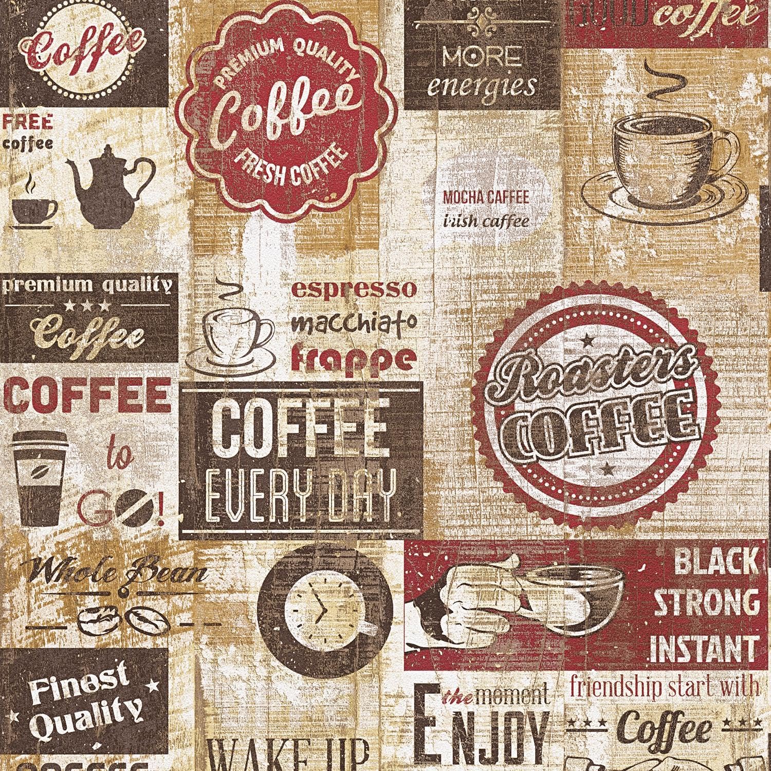 Coffee Shop Wallpaper Red Brown Beige Cream Vintage Cafe Diner 10m Roll