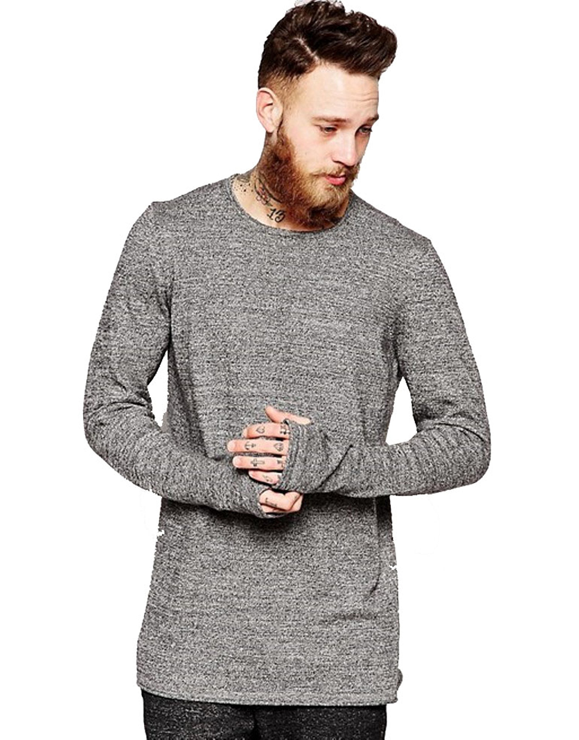 PAUSEGrey Solid Cotton Round Neck Slim Fit Long Sleeve Men's T-Shirt