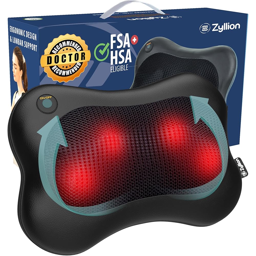 Zyllion Shiatsu Back and Neck Massager with Heat - Cordless Rechargeable 3D Electric Kneading Deep Tissue Massage Pillow for Muscle Pain Relief, Black, ZMA-13RB