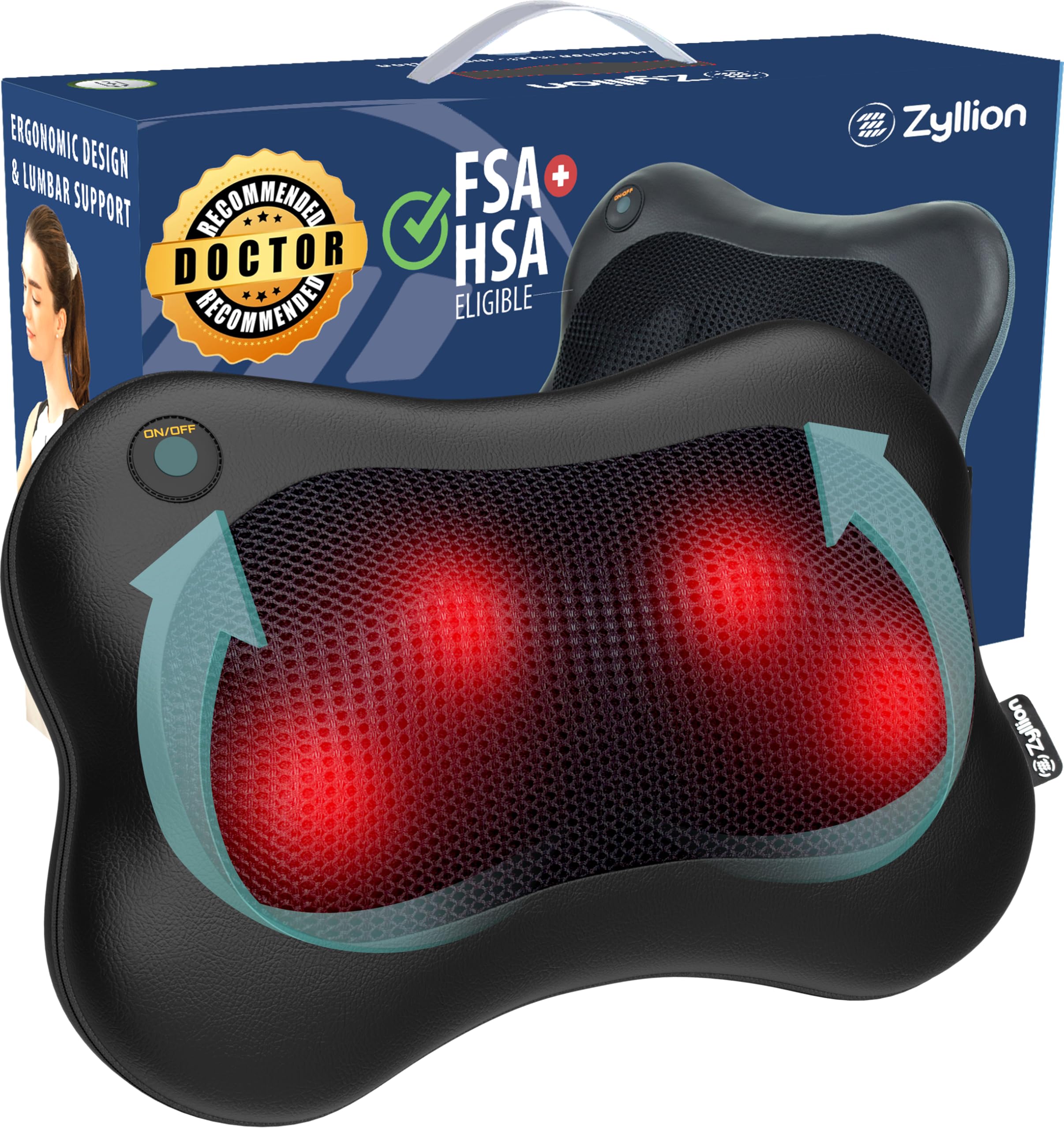 Zyllion Shiatsu Back Neck Massager - Rechargeable Kneading Massage Pillow with Heat for Shoulders, Lower Back, Calf, Legs, Foot - Use at Home, Office, and Car, ZMA-13RB-BK (Black)