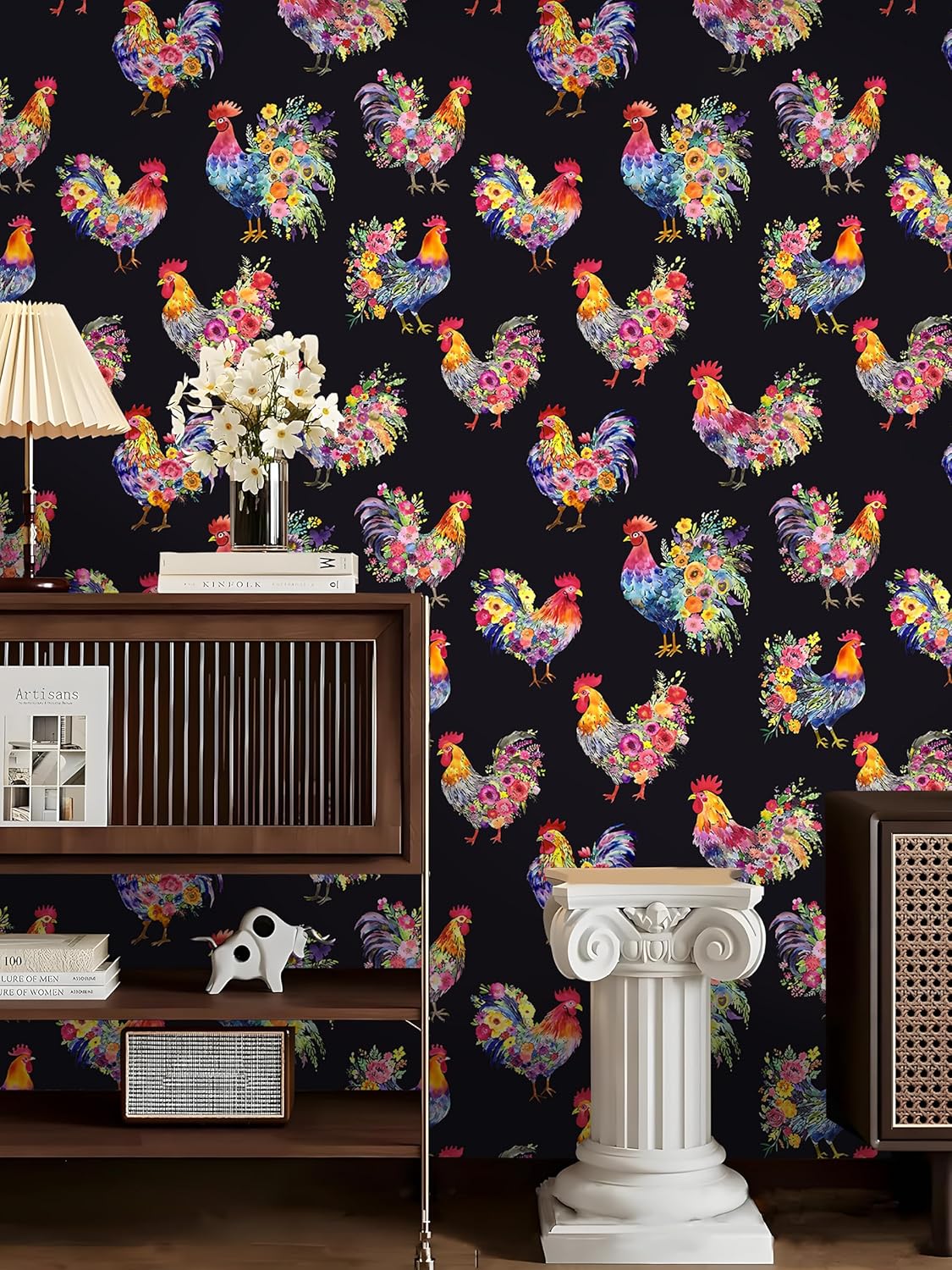Floralplus Rooster Floral Wallpaper Chicken Peel and Stick Removable Wallpaper for Renter Black Floral Stick On Wallpapers Flower Contact Paper for Cabinet Shelf Locker 17.5 x 118 in