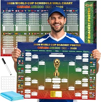 HiFulerr World Cup Bracket Poster 2026 2 Pieces 16.523 inch Soccer Tournament Wall Chart with Dry Erase Marker & Cloth, Knockout Schedule Poster, Fan Gift & Party Decorations