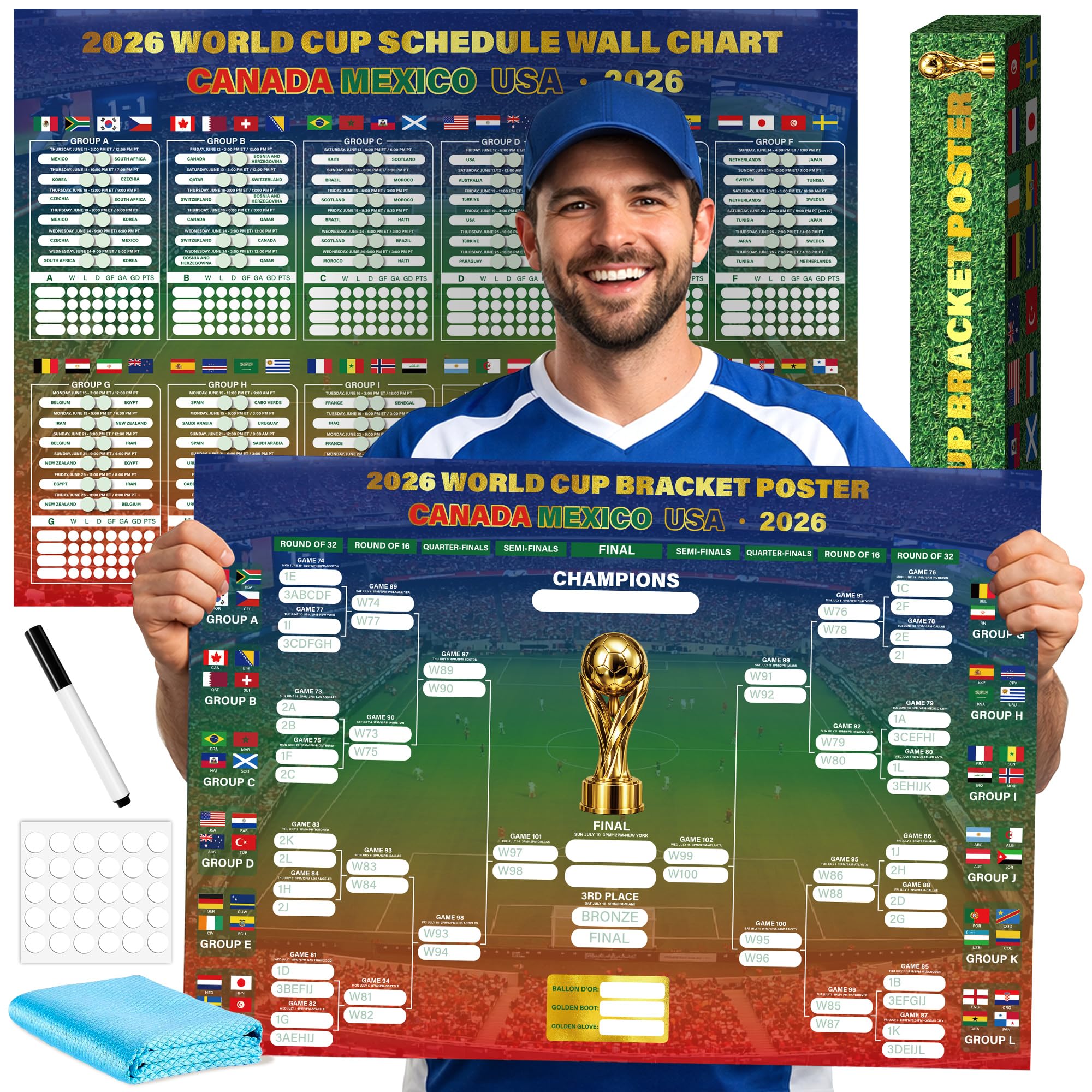 Photo 1 of HiFulerr World Cup Bracket Poster 2026 (2 Pieces) – 16.5×23 inch Soccer Tournament Wall Chart with Dry Erase Marker & Cloth, Knockout Schedule Poster, Fan Gift & Party Decorations