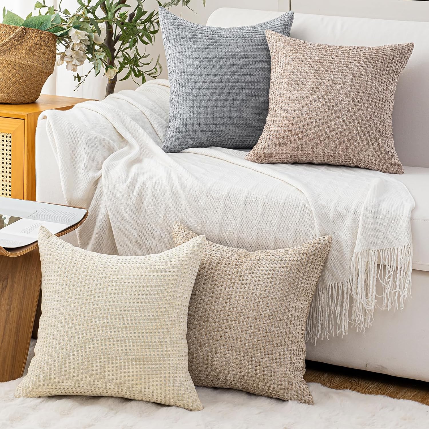 Pack of 4 Throw Pillow Covers 22x22 inch Beige Light Gray Boho Cushion Covers Decorative Farmhouse Pillow Covers for Couch Bed Sofa Living Room Home Decor Soft Square Pillowcase