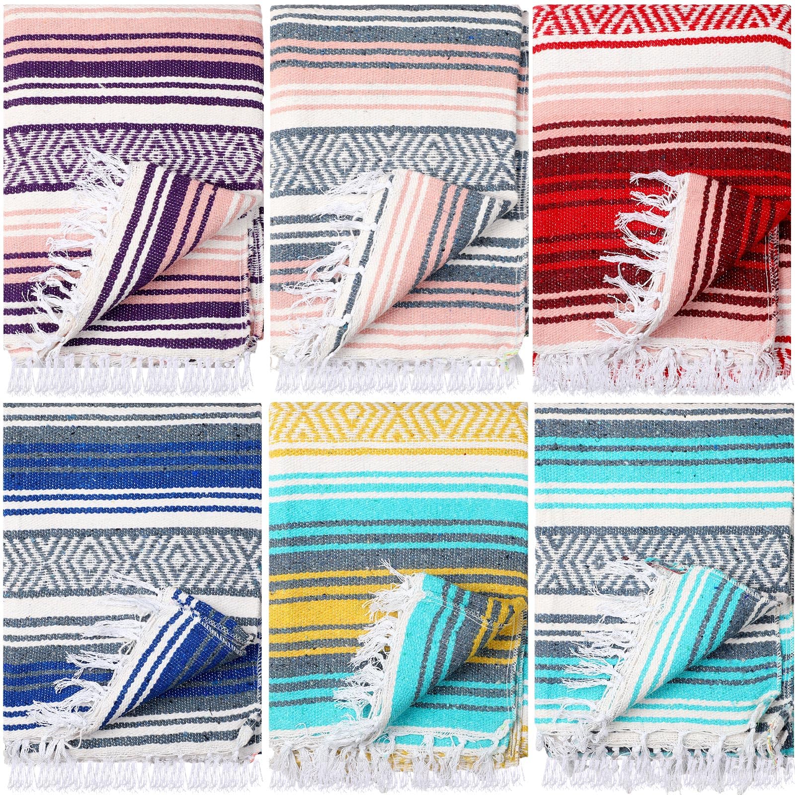 6 Pcs Mexican Blankets Bulk Yoga Authentic Throw Mexican Serape Blanket Large Colorful Striped Falsa with Fringed for Outdoor Camping Beach Picnic Home Decor (Orange Green)