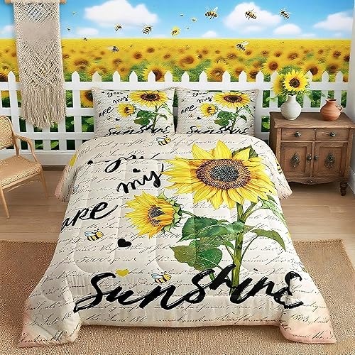 Miniatura 11 de Castle Fairy Juego de edredón con motivo de girasol tamaño queen, ropa de cama rústica de granja con diseño de abejas de 3 piezas para niños