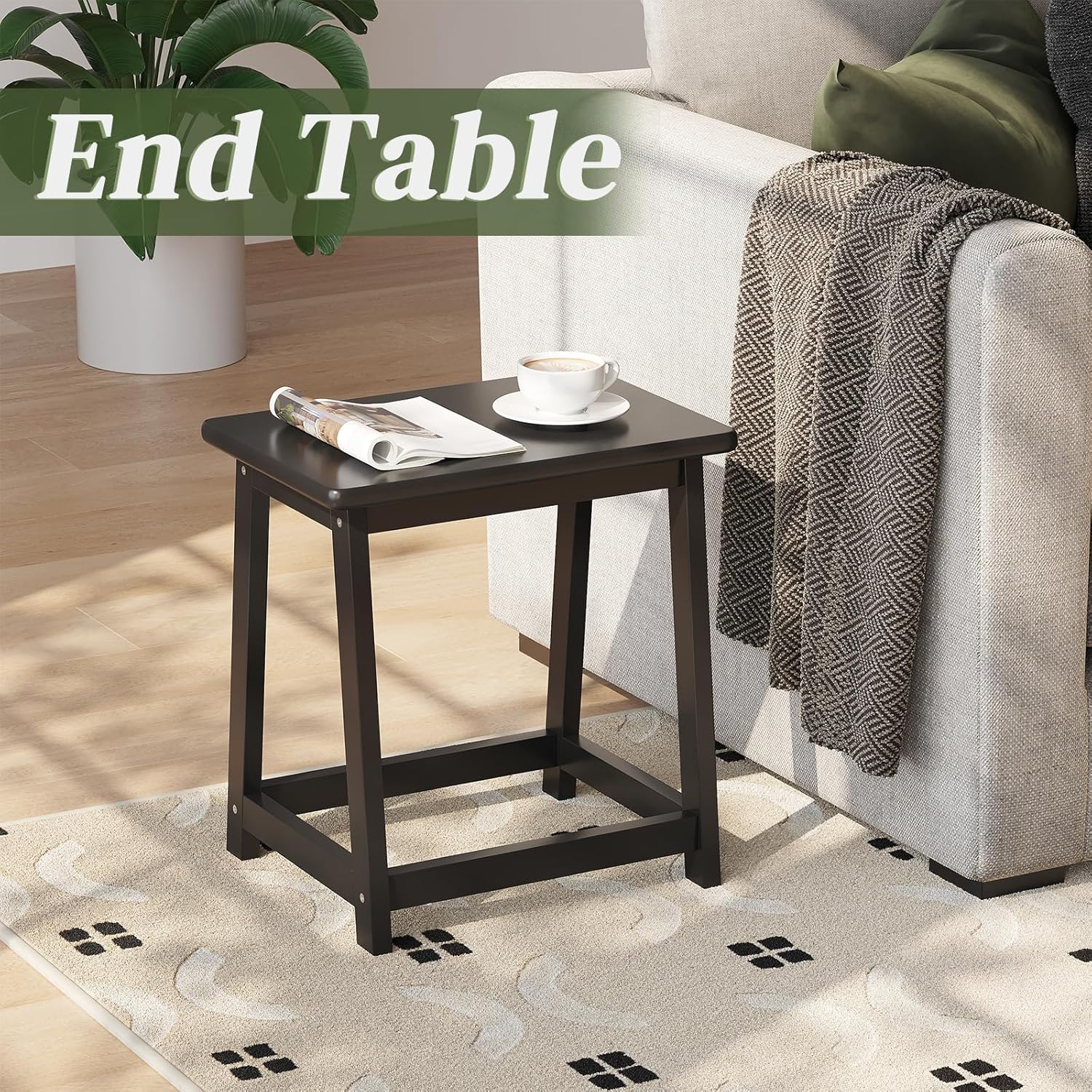 Black Wood end Table, Small Bench Seat, Wood Bathroom Vanity Bench, Plant Stand, Shoe Changing Handmade Stool for Kids or Adults (Black, Large)