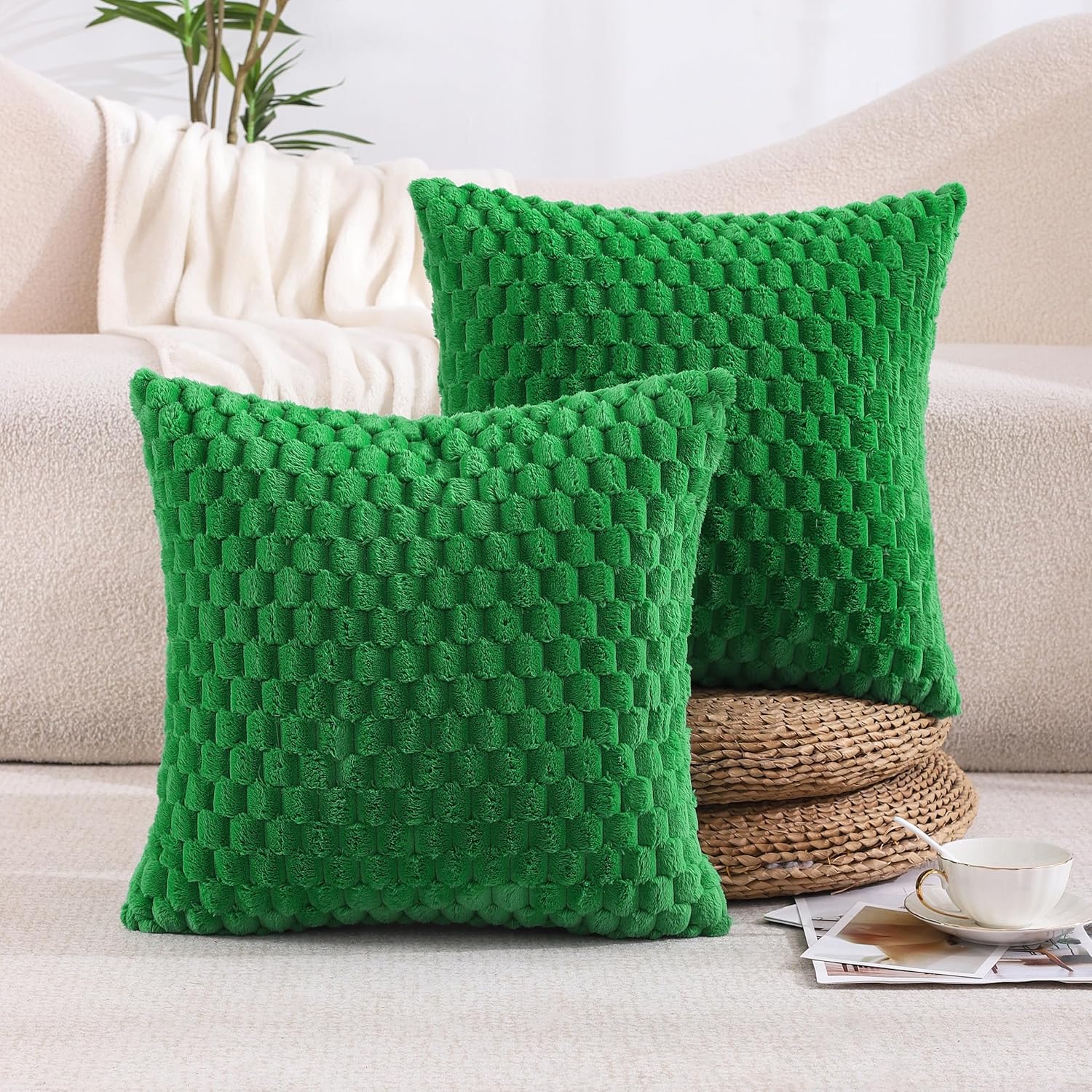 All Smiles Green Faux Fur Plush Decorative Couch Throw