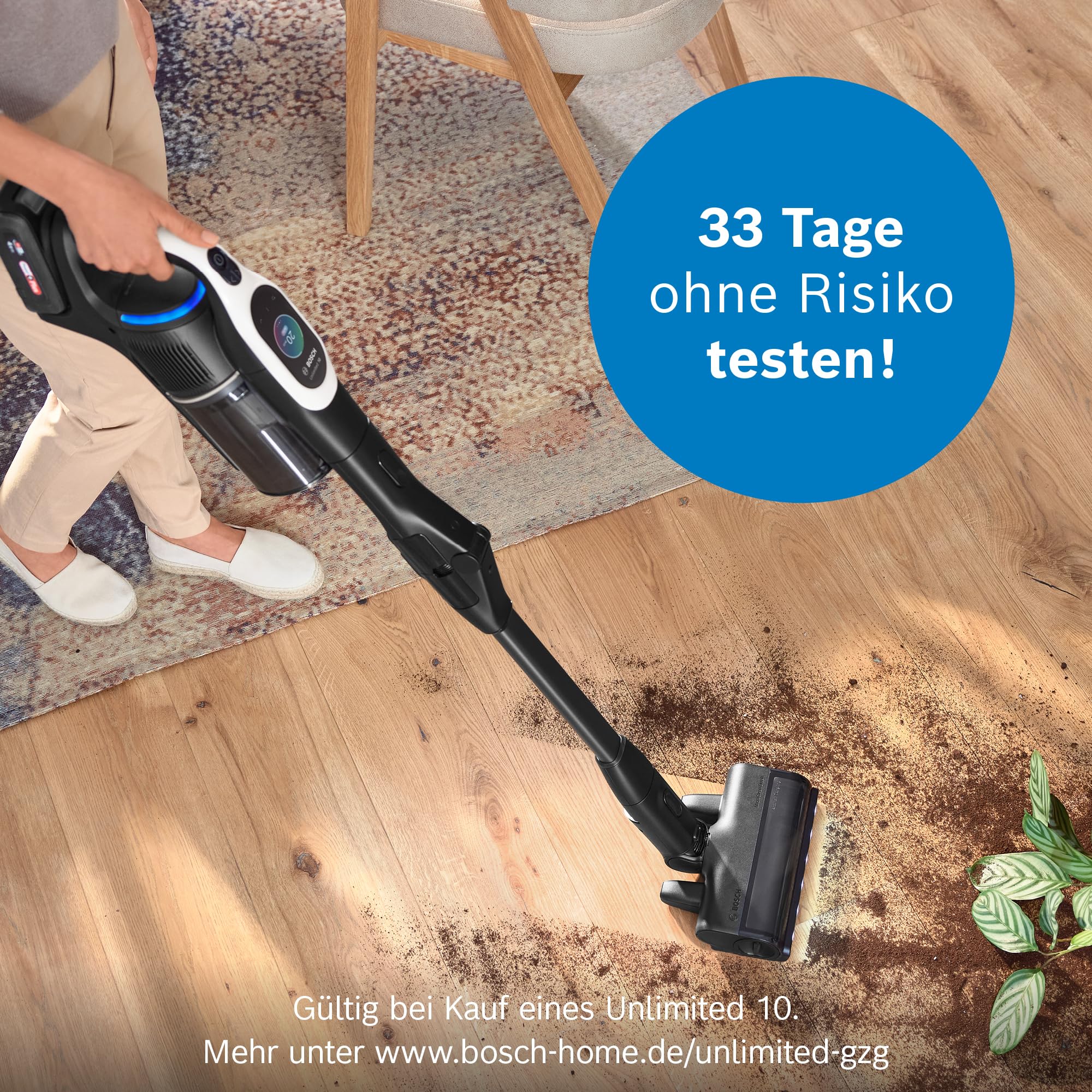 Bosch Akku-Staubsauger Unlimited 10 BTS1042WAC, kabellos, MicroClean Technology, TFT-Display, Staubkomprimierung, HEPA-Filtersystem, 10 J. Motorgarantie, 4 Ah Akku, LED-Licht, Schnellladegerät, weiß