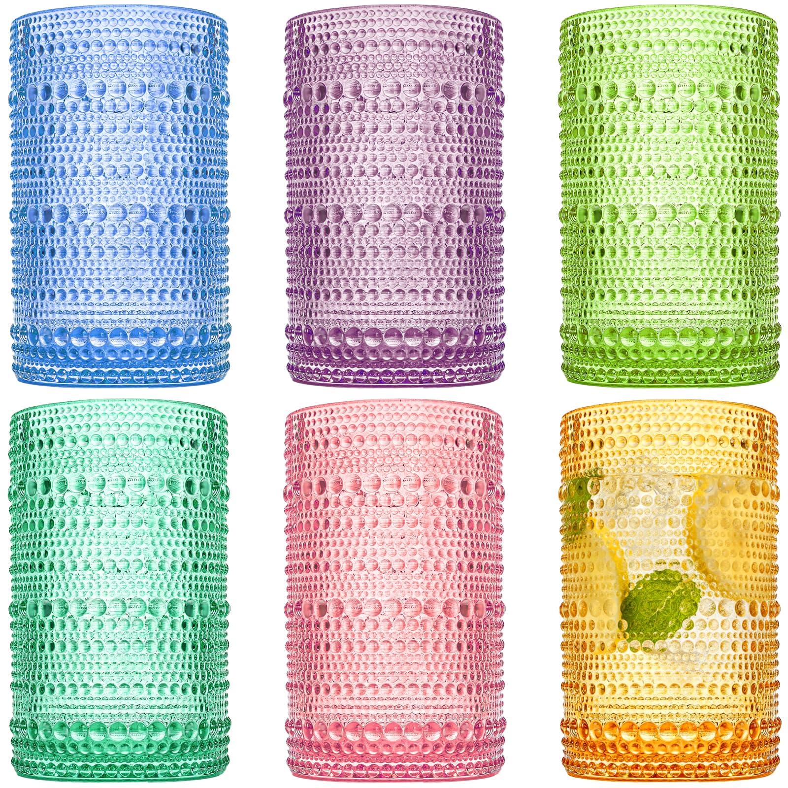 ZOOFOX Set of 6 Vintage Drinking Glasses, 12 Oz Colored Hobnail Glasses Tumbler, Embossed Design Glass Tumblers Set for Water, Beverages, Juice, Beer, Cocktail, Whiskey, Milk