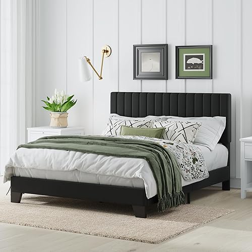 Miniatura 3 de Marco de cama tamaño Queen, cama plataforma tapizada en terciopelo con cabecero acolchado ajustable, marco resistente y listones, silencioso, no