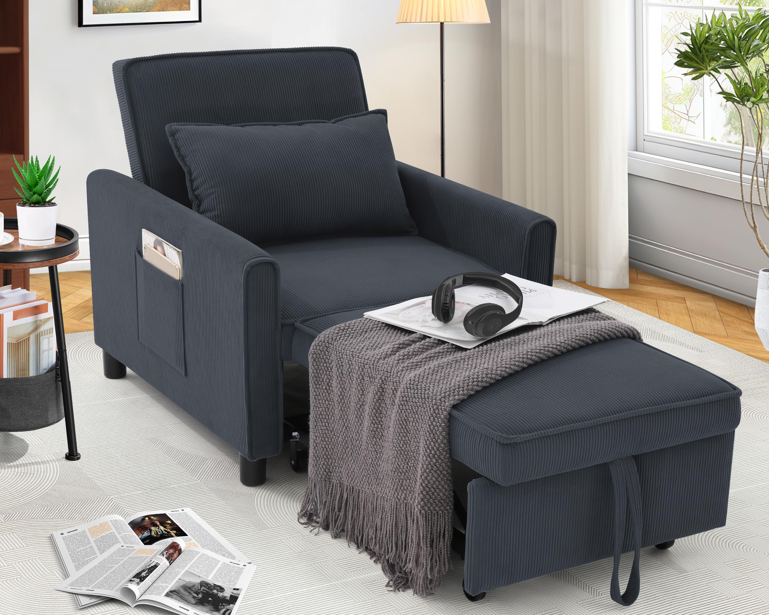 SEJOVSleeper Chair, 4-in-1 Convertible Sofa Bed w/Adjustable Backrest,  Side Pockets Pillow, Corduroy Pull-Out Couch Bed Single Recliner for  Living