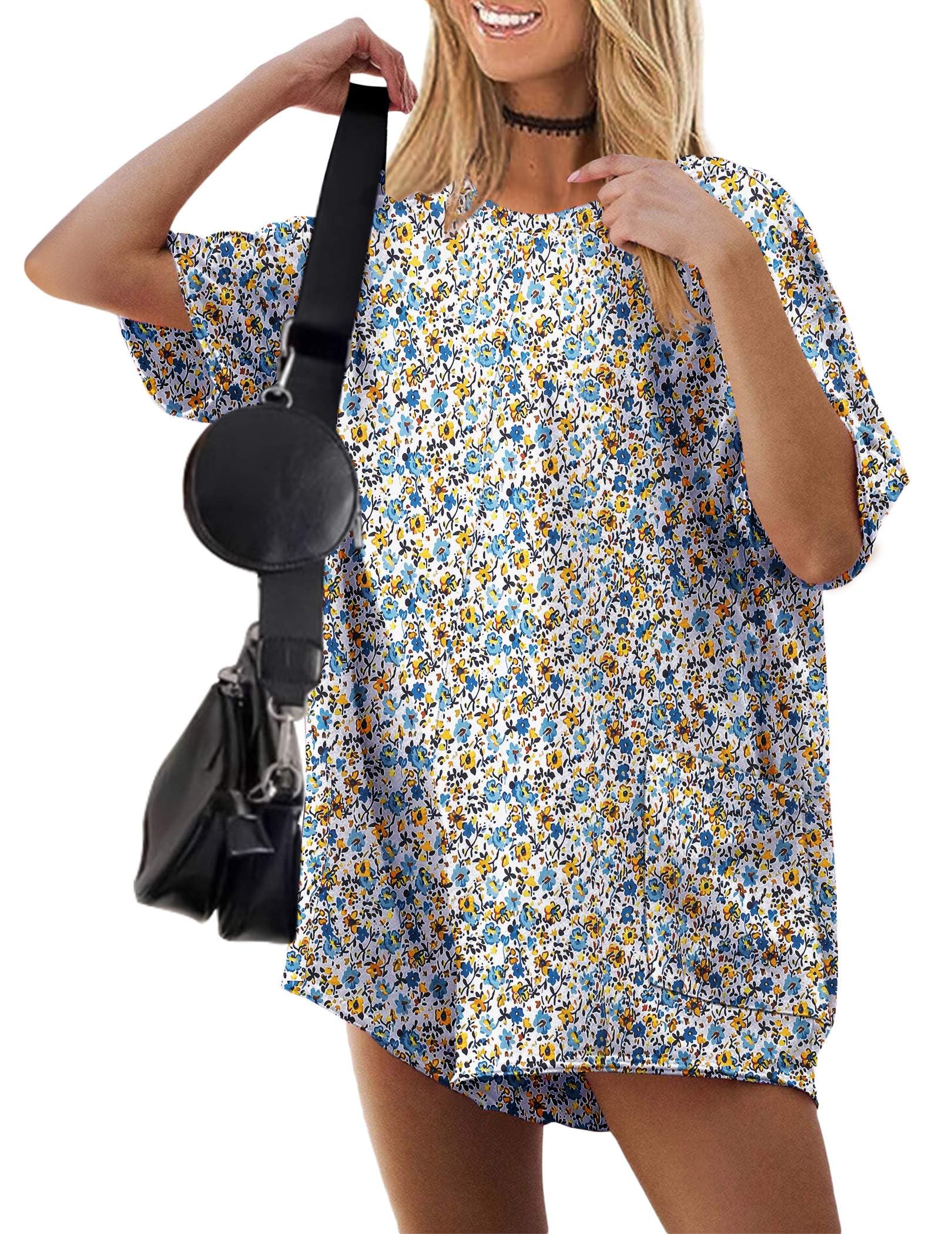 Ekouaer Summer Rompers for Women Short Sleeve Oversized T-shirt Romper Reversible Baggy Jumpsuit Outfits with Pockets