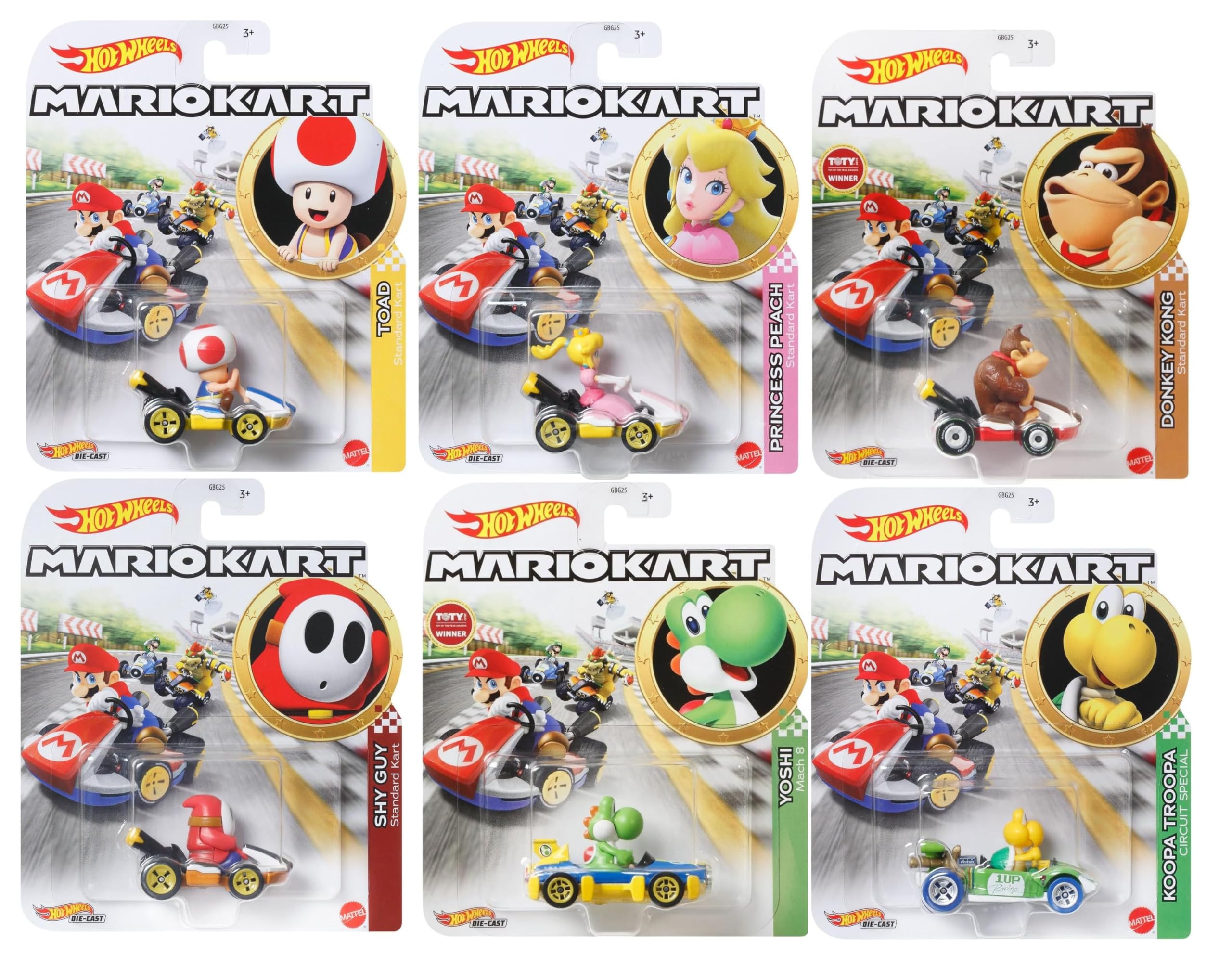 Hot Wheels Mario Kart Die-Cast Character Cars Collection, 6-Pack Bundle, Toad, Princess Peach, Yoshi, Donkey Kong, Koopa Troopa, Shy Guy Gbg25-957h