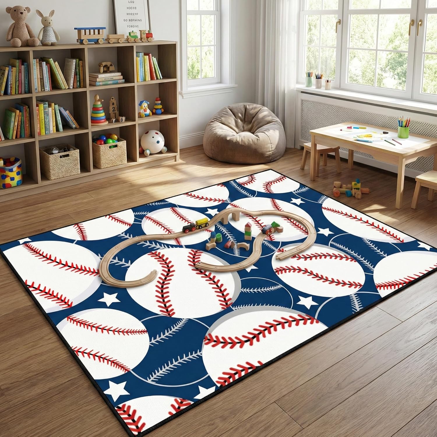Baseball Carpet Rug - Baseball Rug for Boys Kids Room Sports Area Rug for Boys Kids Bedroom, 5'×7'