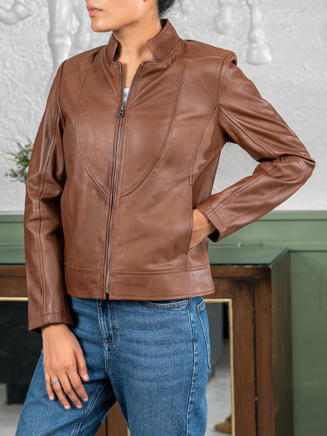 Jild Stylish Collar Casual Womens Leather Jacket - Biker Style Premium Lambskin Leather Jacket Women - Image 4