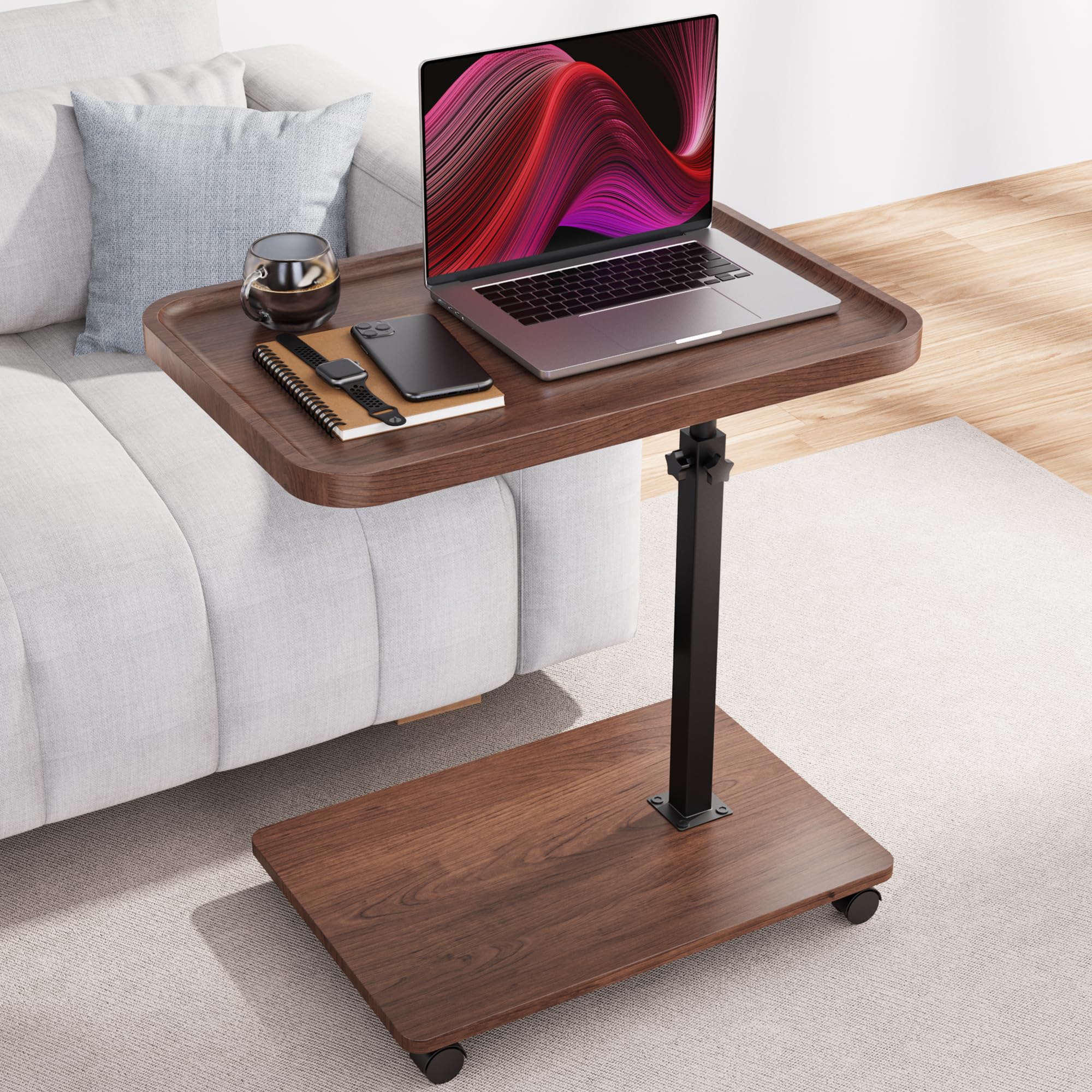 View 1 of [DAMAGED] Large Size C Table End Table, Adjustable Height 360°Swivel TV Tray Table for Small Spaces, Couch Tables that Slide Under, C Shaped Side Tables for Couch,TV Dinner, Living Room and Bedroom (Walnut)