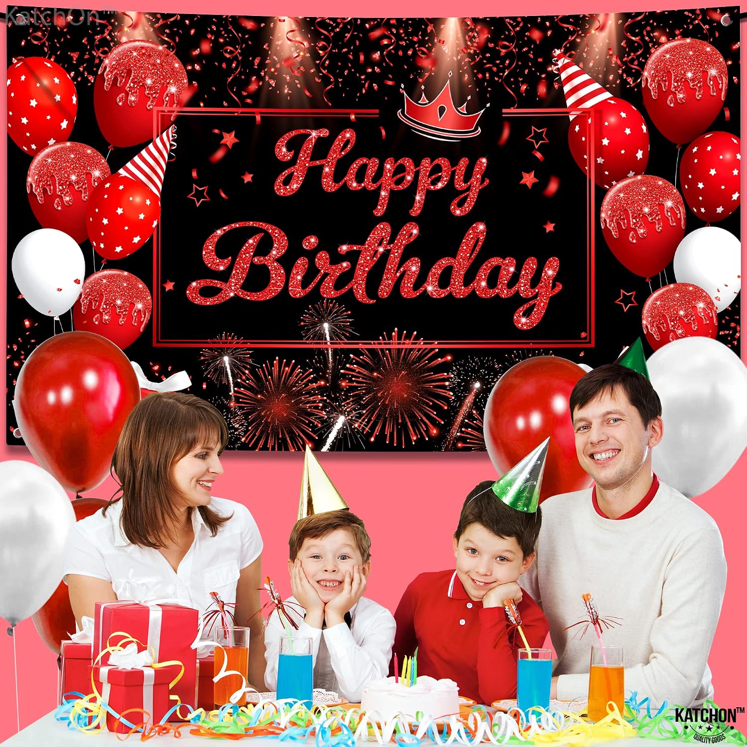 KatchOn, Black and Red Happy Birthday Banner - Large, 72x44 Inch | Backdrop for Happy Birthday Decorations | Red and Black Banner for Casino Party Decorations