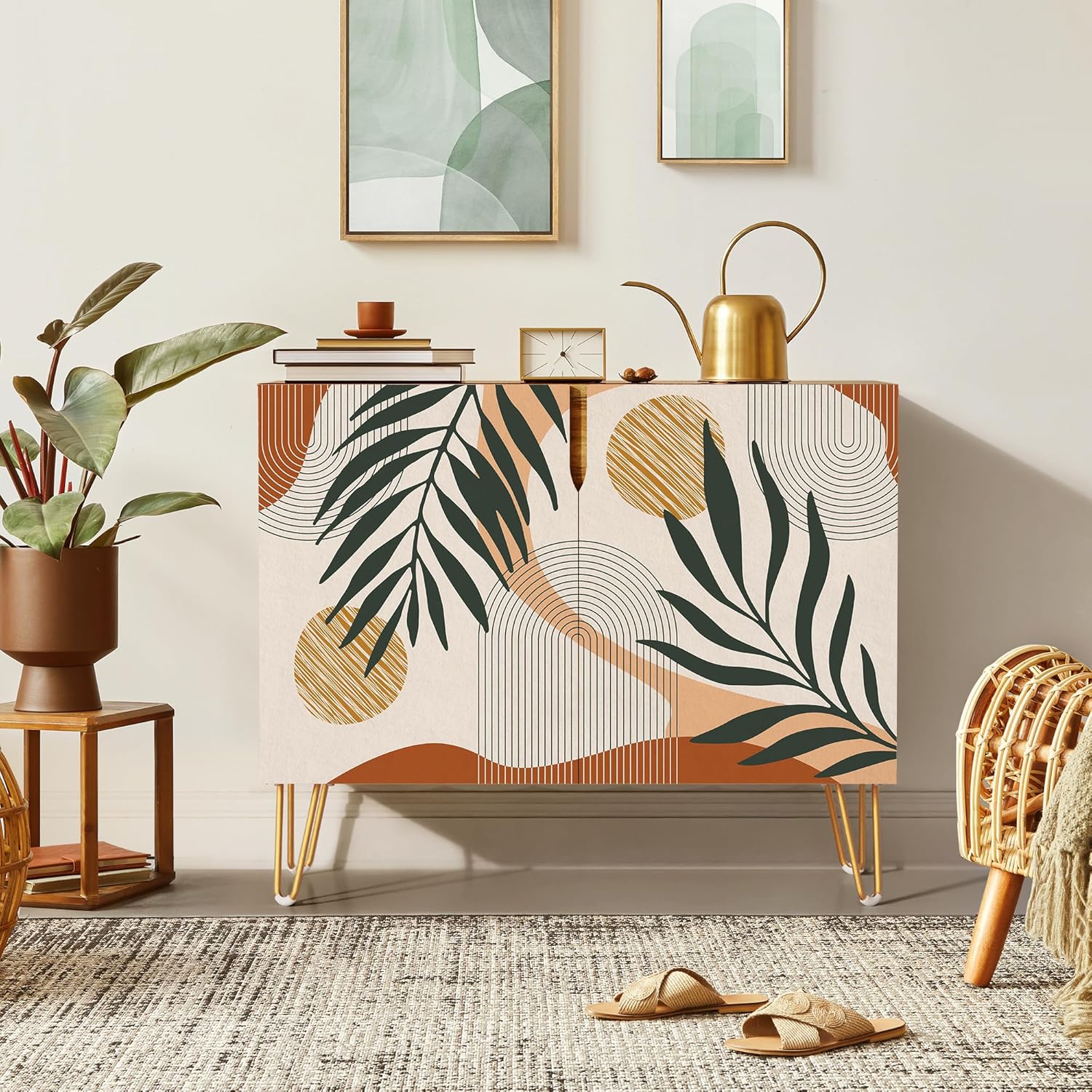 SIGNWIN Sideboard Buffet Cabinet, Kitchen Storage Cabinet with 2 Doors, Green Forest Plant Geometric Patterns, Cupboard Console Table for Dining Room - 35" L x 18" W x 29" H