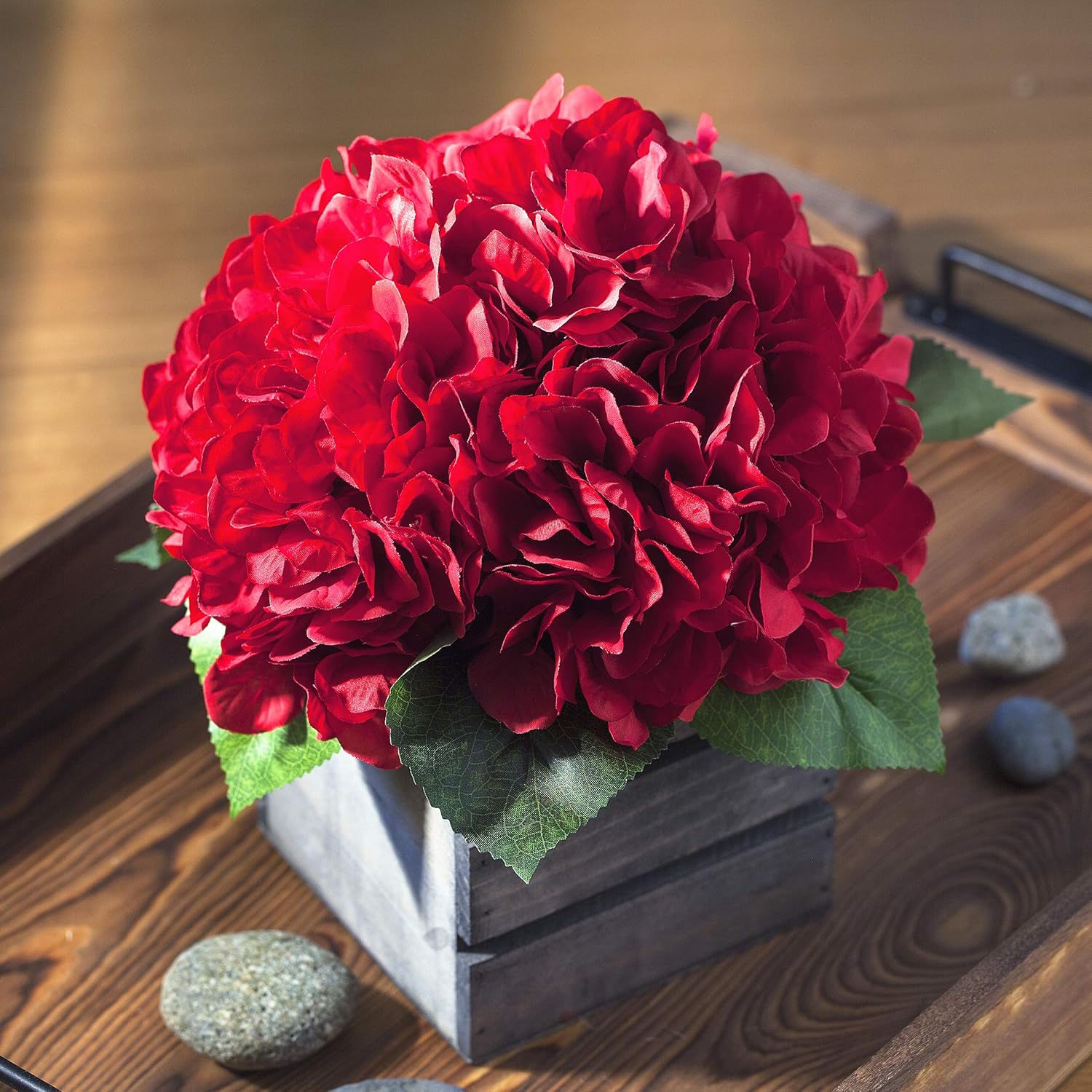 ENOVA HOME Artificial Hydrangea Silk Flowers Arrangements in Wood Planter for Home Wedding Decoration (Red)