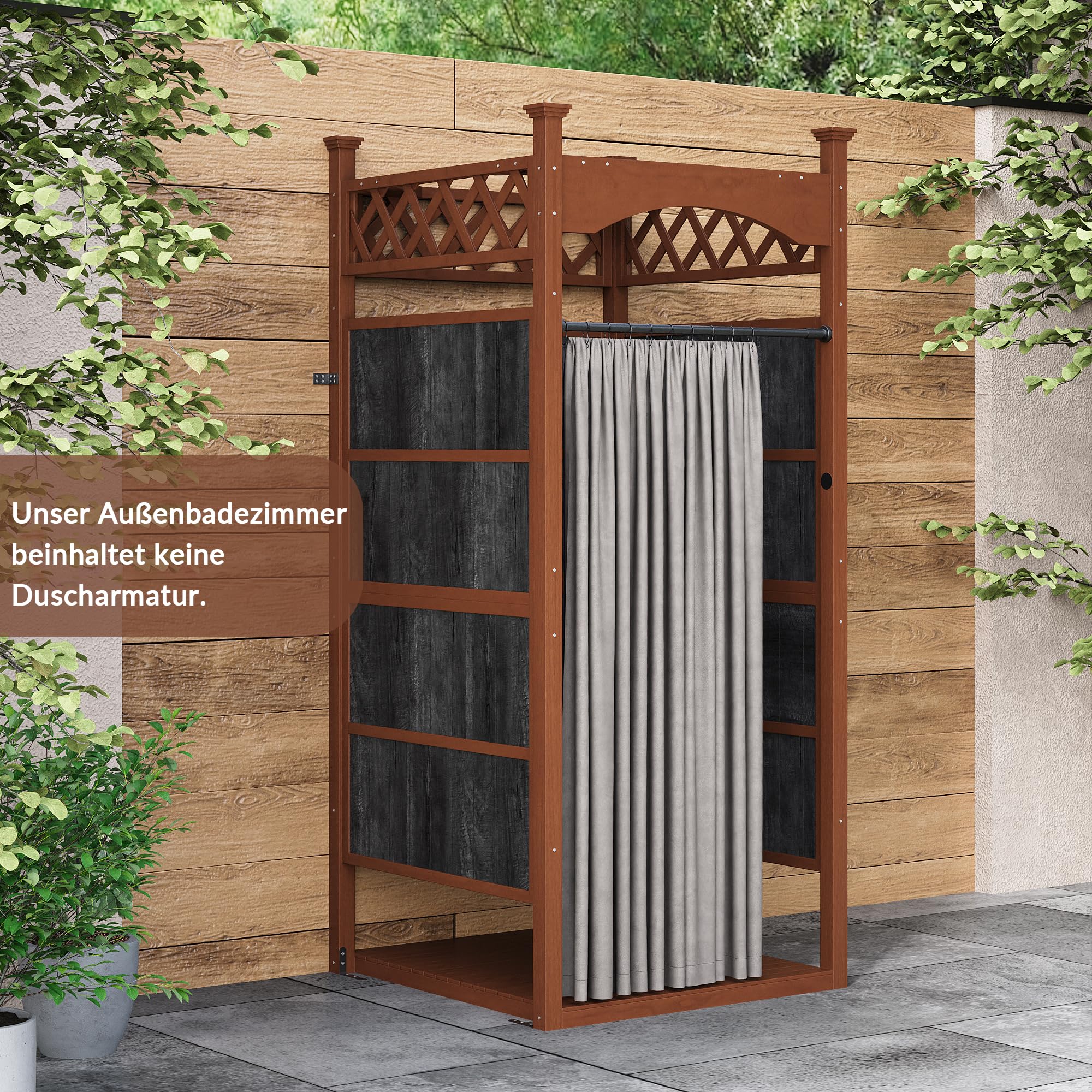 Gartendusche Outdoor Dusche aus Massivholz, Duschkabine & Umkleidekabine mit Duschvorhang & Bodenmatte, Sichtschutz für Pool & Garten, Wetterfeste Außendusche Holz