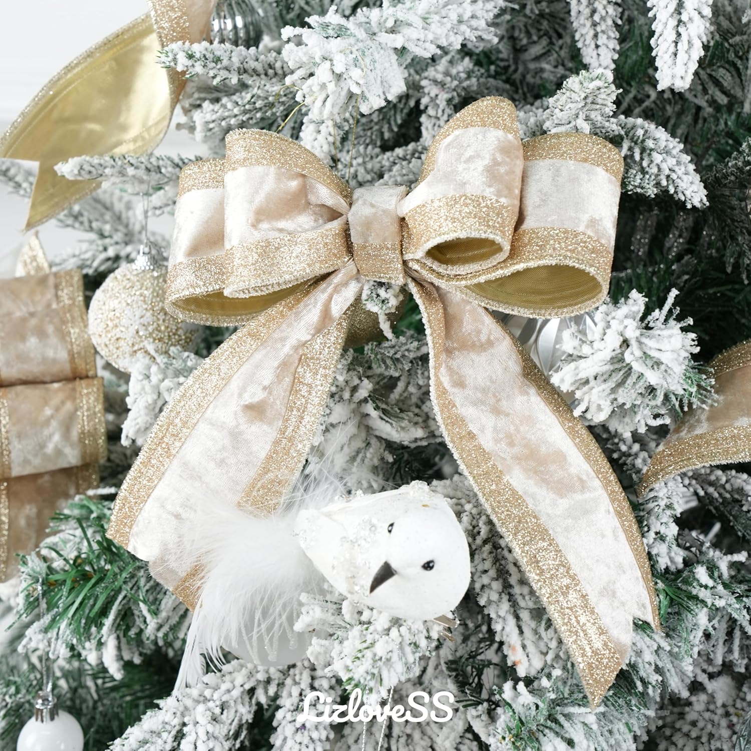 Champagne Gold Velvet Wired Ribbon 2.5" X 10 Yards Champagne Velvet with Gold Glitter Border Stripe Christmas Ribbon for Tree, Wreath Supplies, Garlands Making
