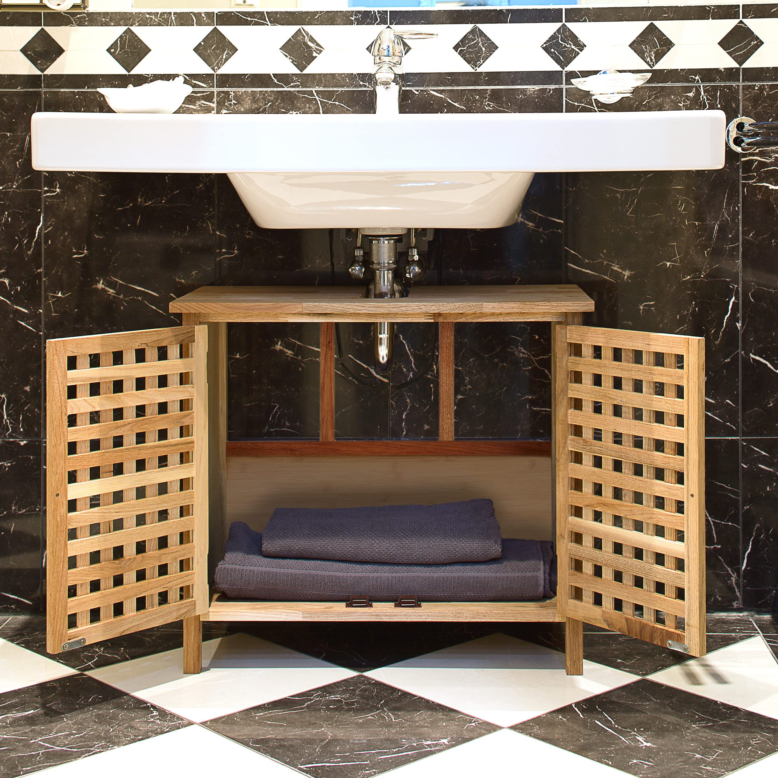 Relaxdays Mobiletto Sottolavabo, Armadietto per Lavandino, Ante con Chiusura Magnetica, bambù, HLP 61x66x30 cm, Naturale
