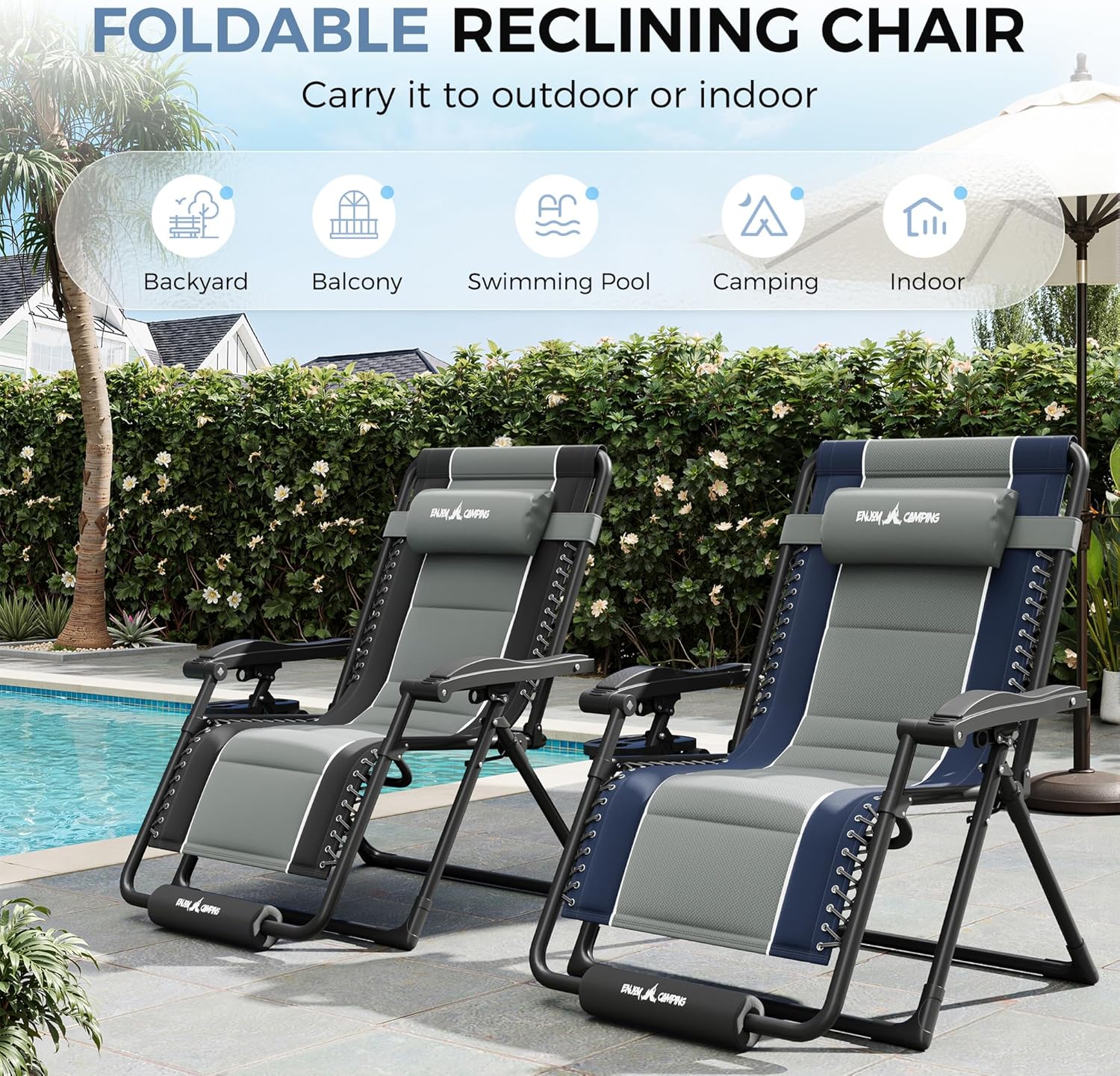 UDPATIO Oversized Zero Gravity Chair, Patio Recliner, Folding Adjustable Outdoor Lounge Chair with Cup Holder, Foot Pad & Padded Headrest, Supports 500lbs (1, Black/Gray, 29in)