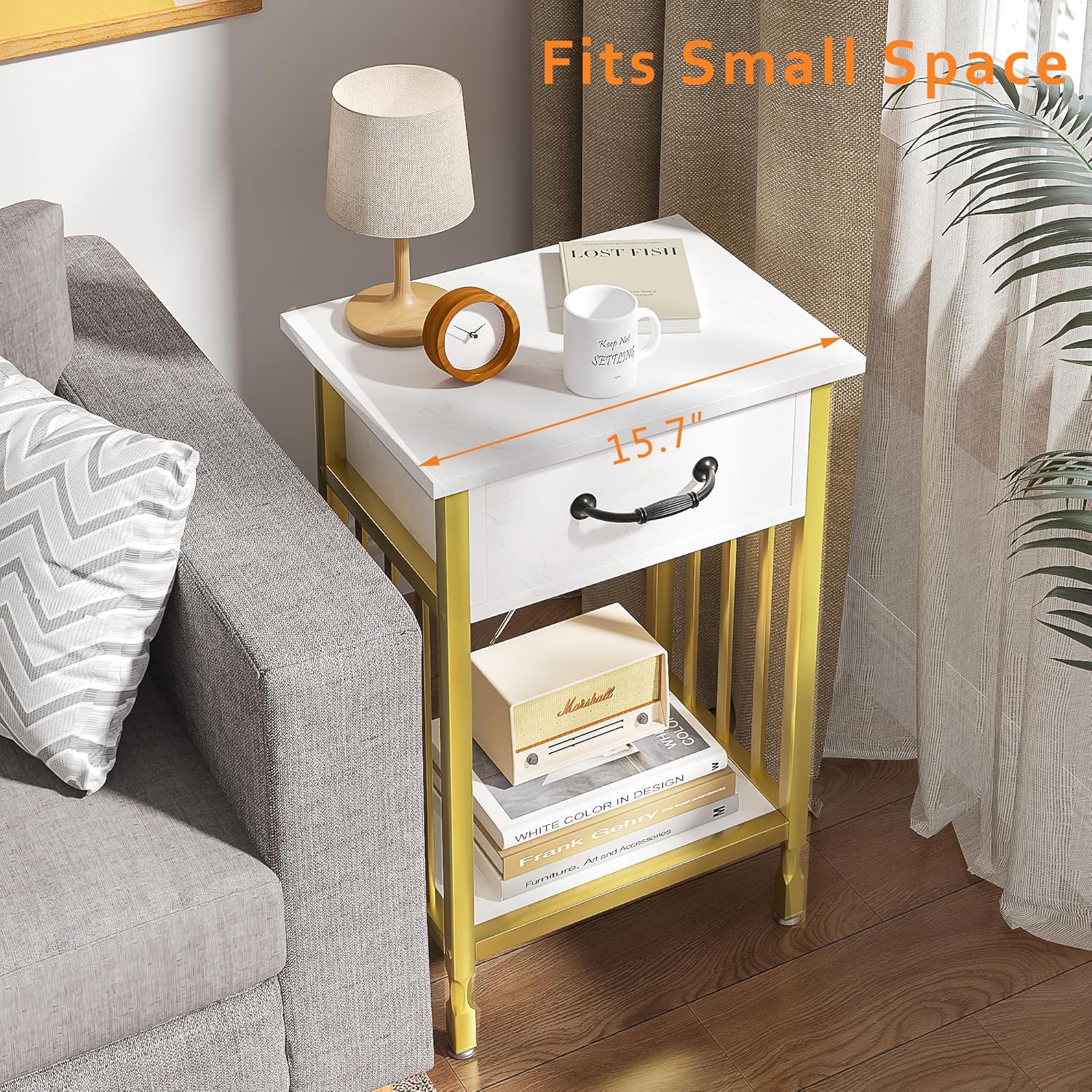 VECELO Nightstands, Industrial Side Table/End Tables with Drawer and Storage Shelf, Night Stands for Bedroom, Living Room, Wood Metal Furniture, Easy Assembly,Gold,l Set