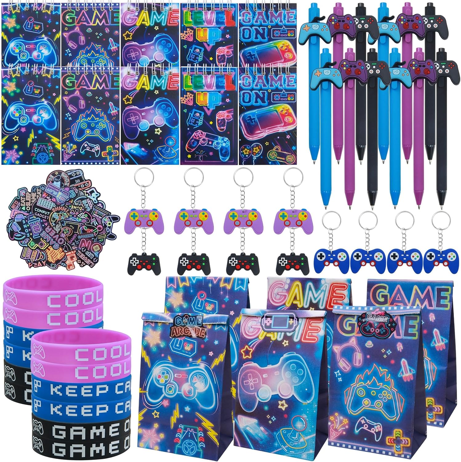 Tuhangcc 110Pcs Video Game Party Favors Set For 12 Guest Included Video Game Keychains Gamer Goodie Bag Silicone Wristband Stickers Notebooks Gel Pen For Gamer Party Favors Gamer Birthday Party Gifts